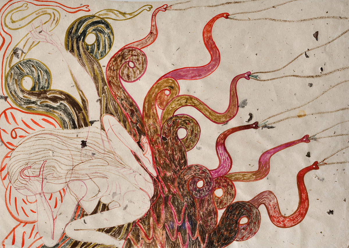 Emma Talbot, The Lernaean Hydra (detail from The Trials), 2022, watercolor and gouache on Khadi paper, Courtesy the artist, Photo Carlo Vannini