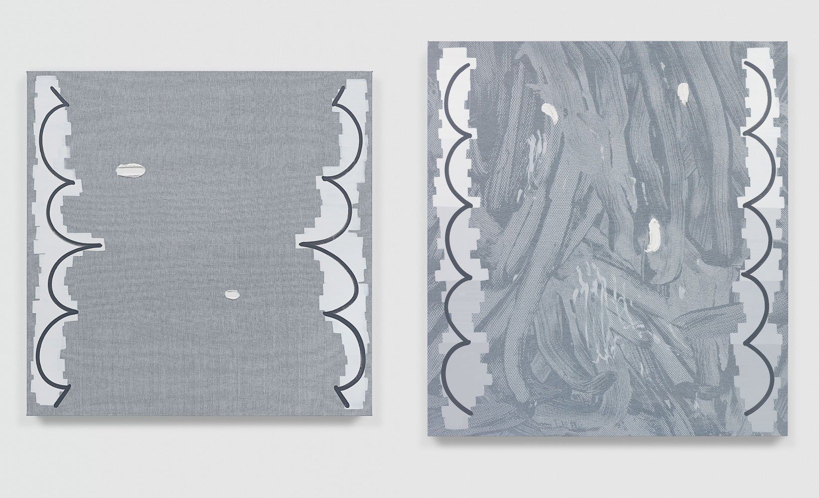 Left: Amy Feldman, First Burs, 2022, Acrylic silkscreen ink and impasto on canvas, 200.5 x 183 cm / 79 x 72 in, © Amy Feldman, Courtesy the artist and Galerie Eva Presenhuber Right: Amy Feldman, Happy Channel, 2022, Acrylic, silkscreen ink and impasto on canvas, 200.5 x 183 cm / 79 x 72 in, © Amy Feldman, Courtesy the artist and Galerie Eva Presenhuber