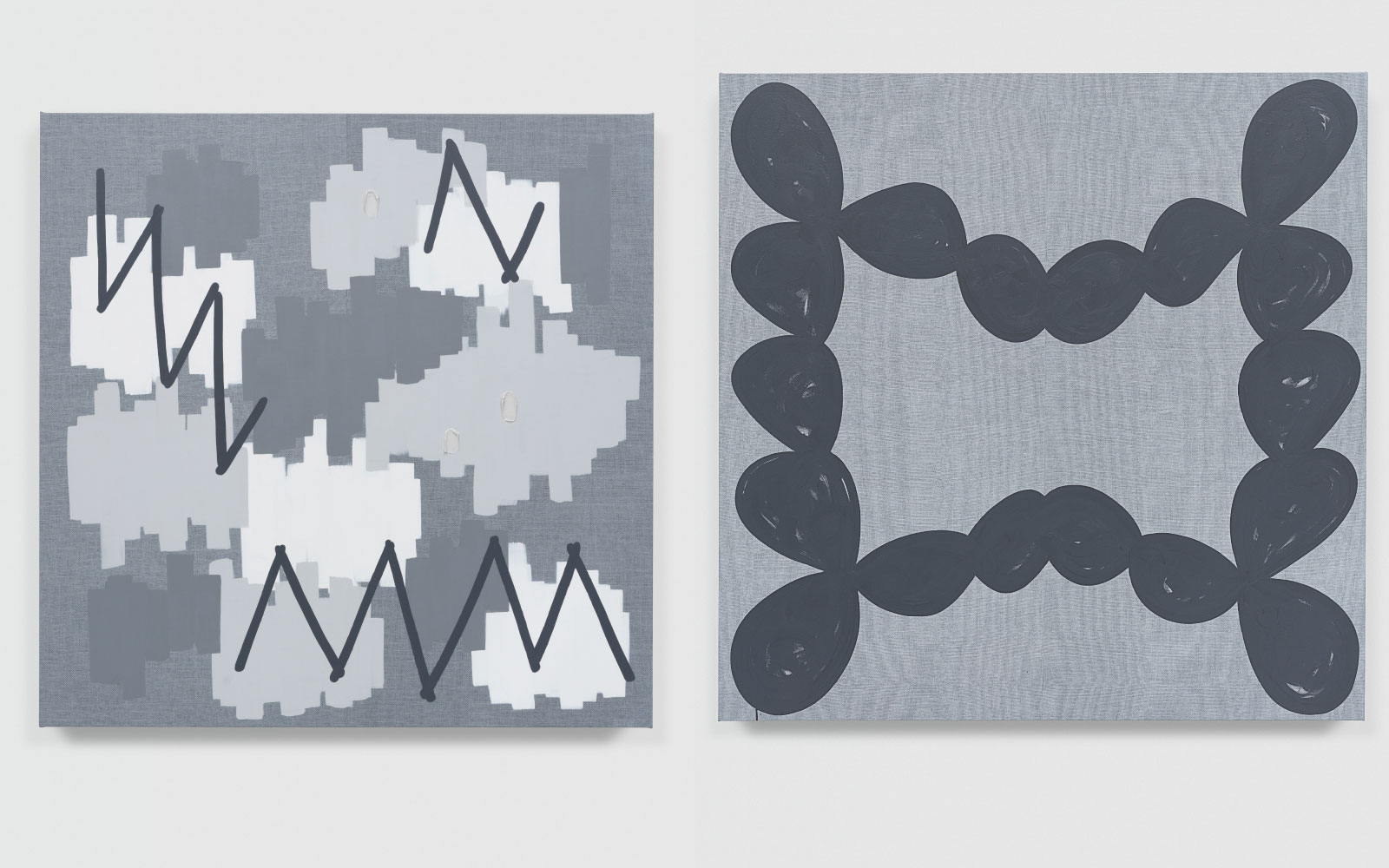 Left: Amy Feldman, Mirror Mark, 2022, Acrylic silkscreen ink and impasto on canvas, 152.5 x 152.5 cm / 60 x 60 in, © Amy Feldman, Courtesy the artist and Galerie Eva Presenhuber Right: Amy Feldman, Birth Face, 2022, Acrylic, silkscreen ink and impasto on canvas, 200.5 x 200.5 cm / 78 7/8 x 78 7/8 in, © Amy Feldman, Courtesy the artist and Galerie Eva Presenhuber