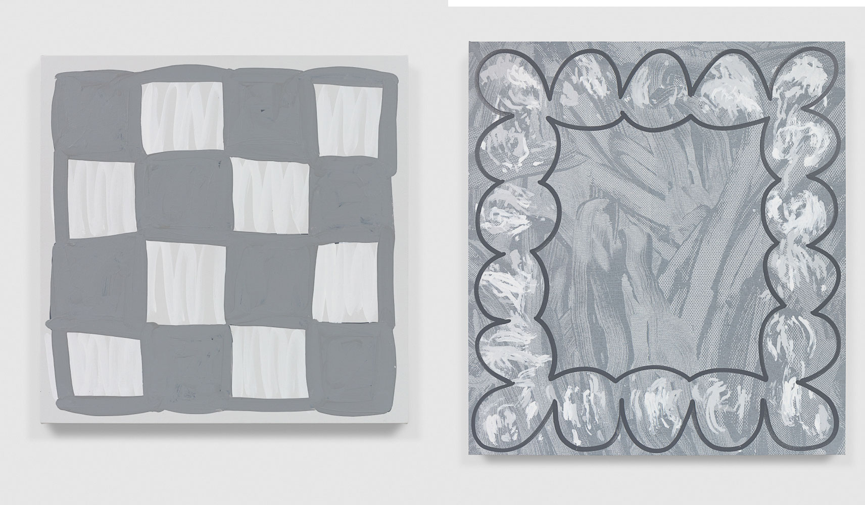 Left: Amy Feldman, Head Check, 2022, Acrylic on canvas, 61 x 61 cm / 24 x 24 in, © Amy Feldman, Courtesy the artist and Galerie Eva Presenhuber Right: Amy Feldman, Aura Storm, 2022, Acrylic and silkscreen ink on canvas, 200.5 x 200.5 cm / 79 x 79 in, © Amy Feldman, Courtesy the artist and Galerie Eva Presenhuber