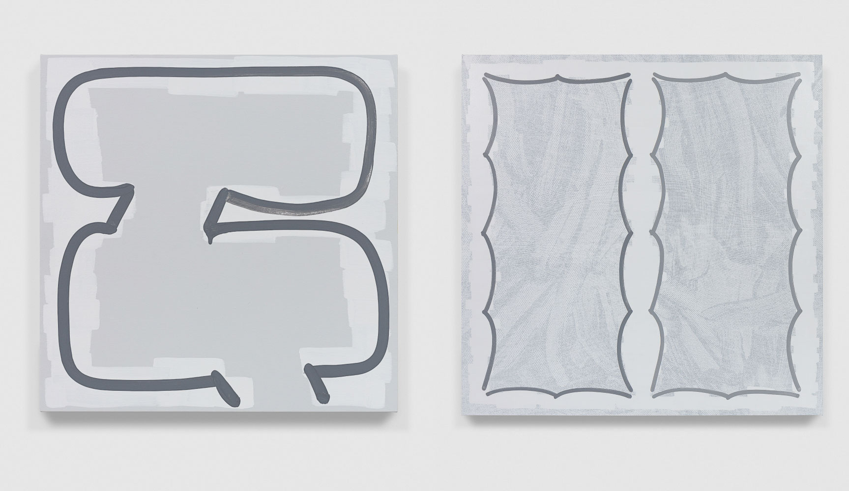Left: Amy Feldman, Sauce Source, 2022, Acrylic on canvas, 61 x 61 cm / 24 x 24 in, © Amy Feldman, Courtesy the artist and Galerie Eva Presenhuber Right: Amy Feldman, Butter Touch, 2022, Acrylic and silkscreen ink on canvas, 200.5 x 200.5 cm / 79 x 79 in, © Amy Feldman, Courtesy the artist and Galerie Eva Presenhuber