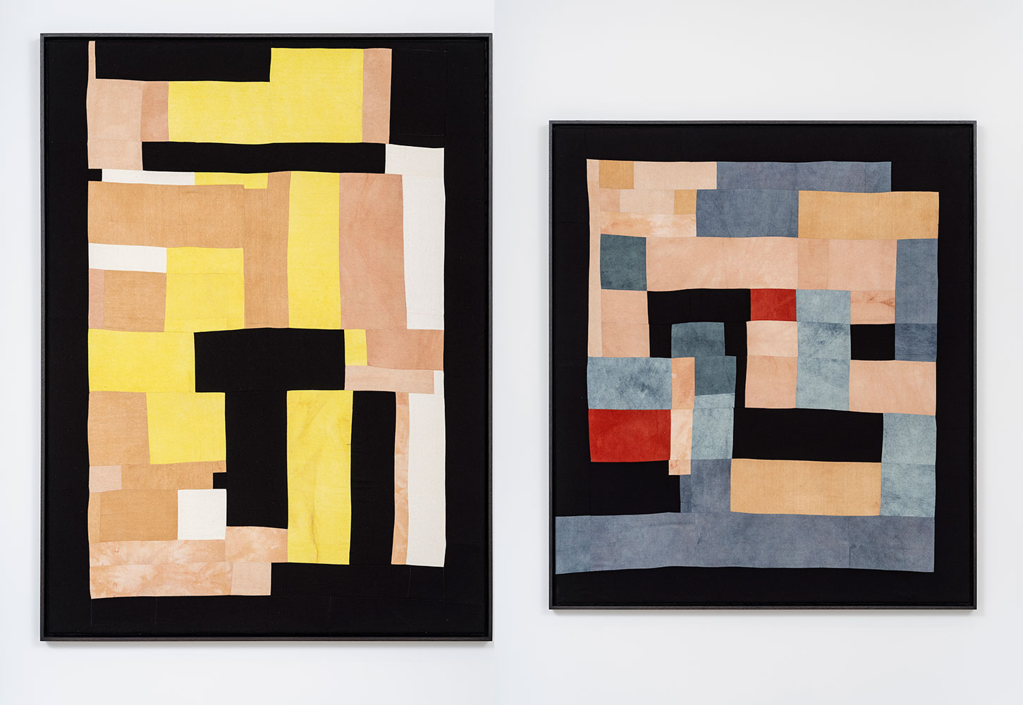 Left: Yto Barrada, Untitled (cosmos yellow), 2021, silk, dyes from plant extracts. © Yto Barrada, courtesy Pace Gallery and Sfeir-Semler Gallery Beirut/Hamburg. Photo: Damian Griffiths Right: Yto Barrada, Untitled (indigo grey), 2021, silk, dyes from plant extracts. © Yto Barrada, courtesy Pace Gallery and Sfeir-Semler Gallery Beirut/Hamburg. Photo: Damian Griffiths