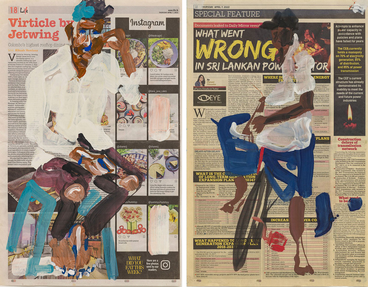 Left: Erik Schmidt, No Crisis (5), 2022, gouache on newspaper, 54.5 x 34.5 cm, © Erik Schmidt, Courtesy the artist and Krinzinger GalleryRight: Erik Schmidt, No Crisis (10), 2022, gouache on newspaper, 54.5 x 34.5 cm, © Erik Schmidt, Courtesy the artist and Krinzinger Gallery