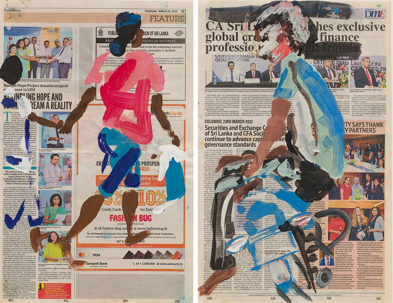 Left: Erik Schmidt, No Crisis (4), 2022, gouache on newspaper, 54.5 x 34.5 cm, © Erik Schmidt, Courtesy the artist and Krinzinger GalleryRight: Erik Schmidt, No Crisis (10), 2022, gouache on newspaper, 54.5 x 34.5 cm, © Erik Schmidt, Courtesy the artist and Krinzinger Gallery