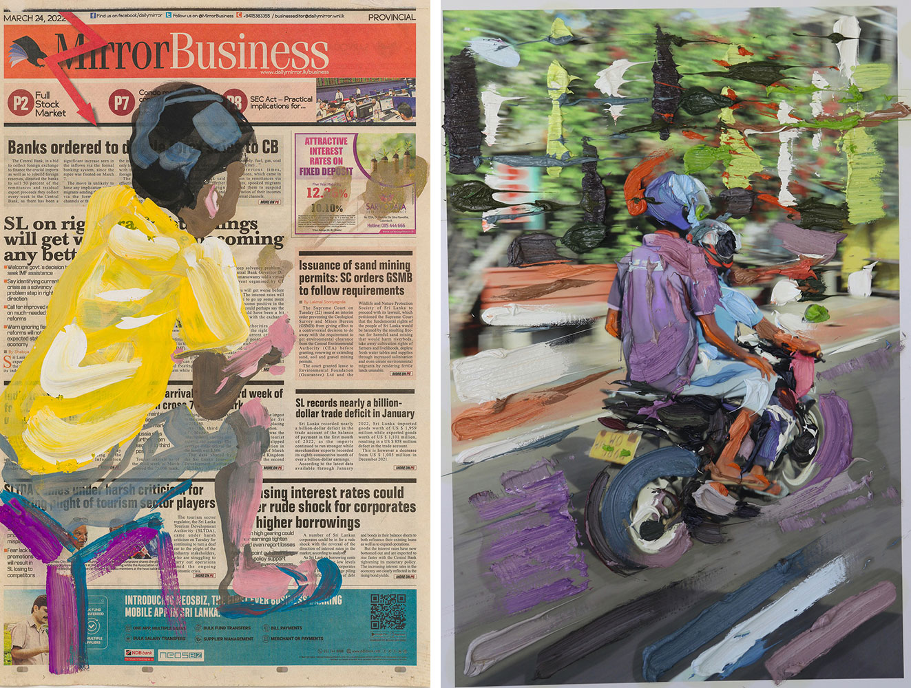 Left: Erik Schmidt, No Crisis (6), 2022, gouache on newspaper, 54.5 x 34.5 cm, © Erik Schmidt, Courtesy the artist and Krinzinger GalleryRight: Erik Schmidt, Suham Turtle, 2022, oil on Fine Art Print on canvas, 105 x 70 cm, © Erik Schmidt, Courtesy the artist and Krinzinger Gallery