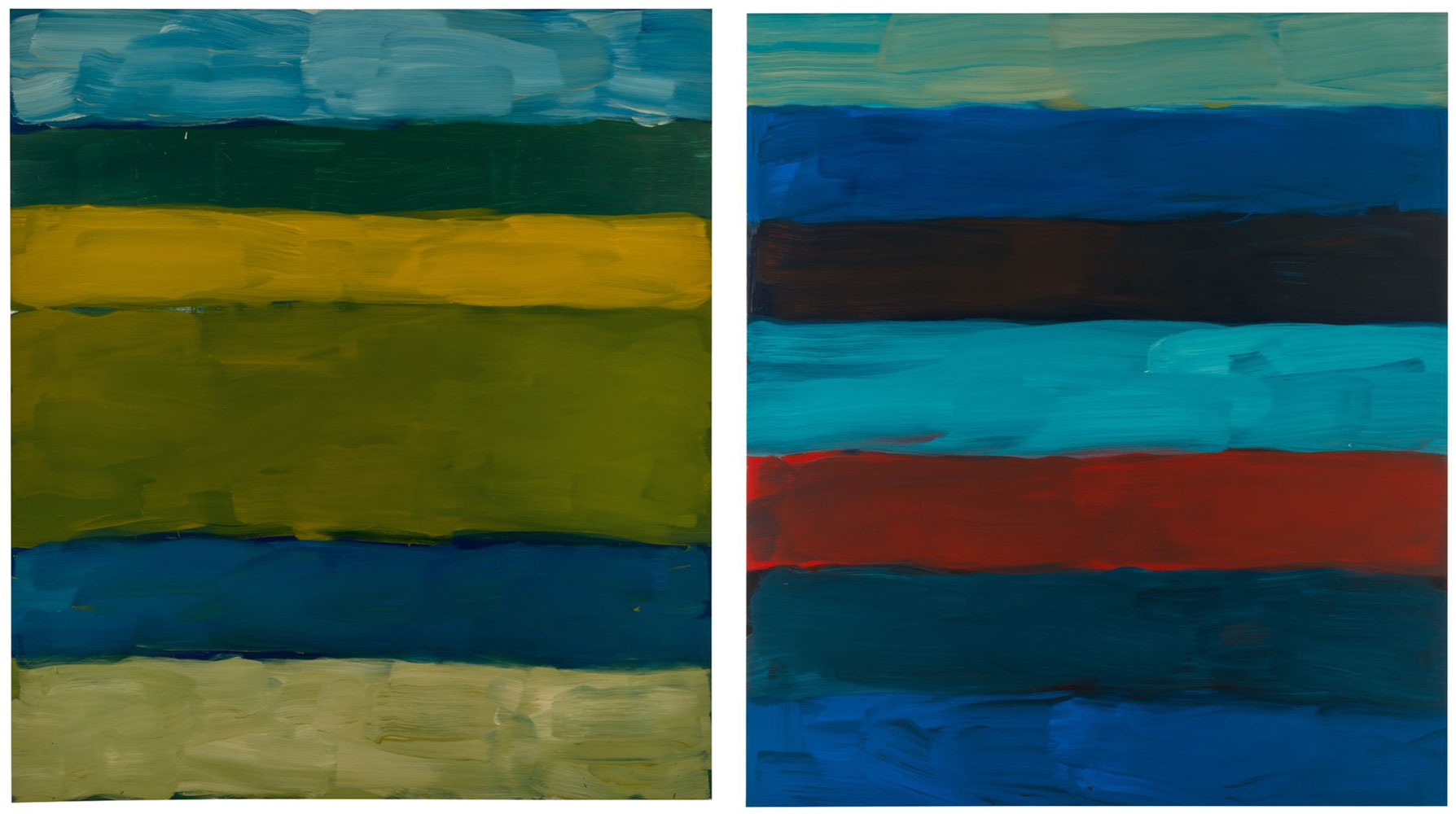 Left: Sean Scully: Landline Field, 2014, oil on aluminium; 216 × 190.5 cm, private collection © Sean Scully. Image courtesy of the artist. Photo by Christoph KnochRight: Sean Scully: Oisín Sea Green, 2016, oil on aluminium; 216 × 190.5 cm, private collection © Sean Scully. Image courtesy of the artist. Photo by Christoph Knoch