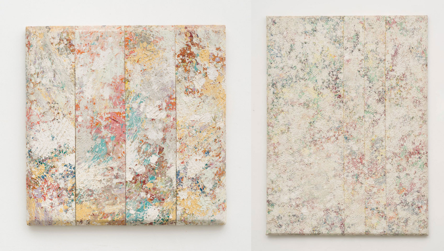 Left: Sam Gilliam, Untitled, 1975, acrylic on canvas with collage, 32 3/4 x 32 3/4 x 2 inches (83.2 x 83.2 x 5.1 cm), Private Collection, CaliforniaRight: Sam Gilliam, Weighed Anchor, 1976, acrylic on canvas with collage, 84 1/2 x 62 1/4 x 2 1/2 inches (214.6 x 158.1 x 6.3 cm), Collection of Halley K. Harrisburg and Michael Rosenfeld, New York, NY