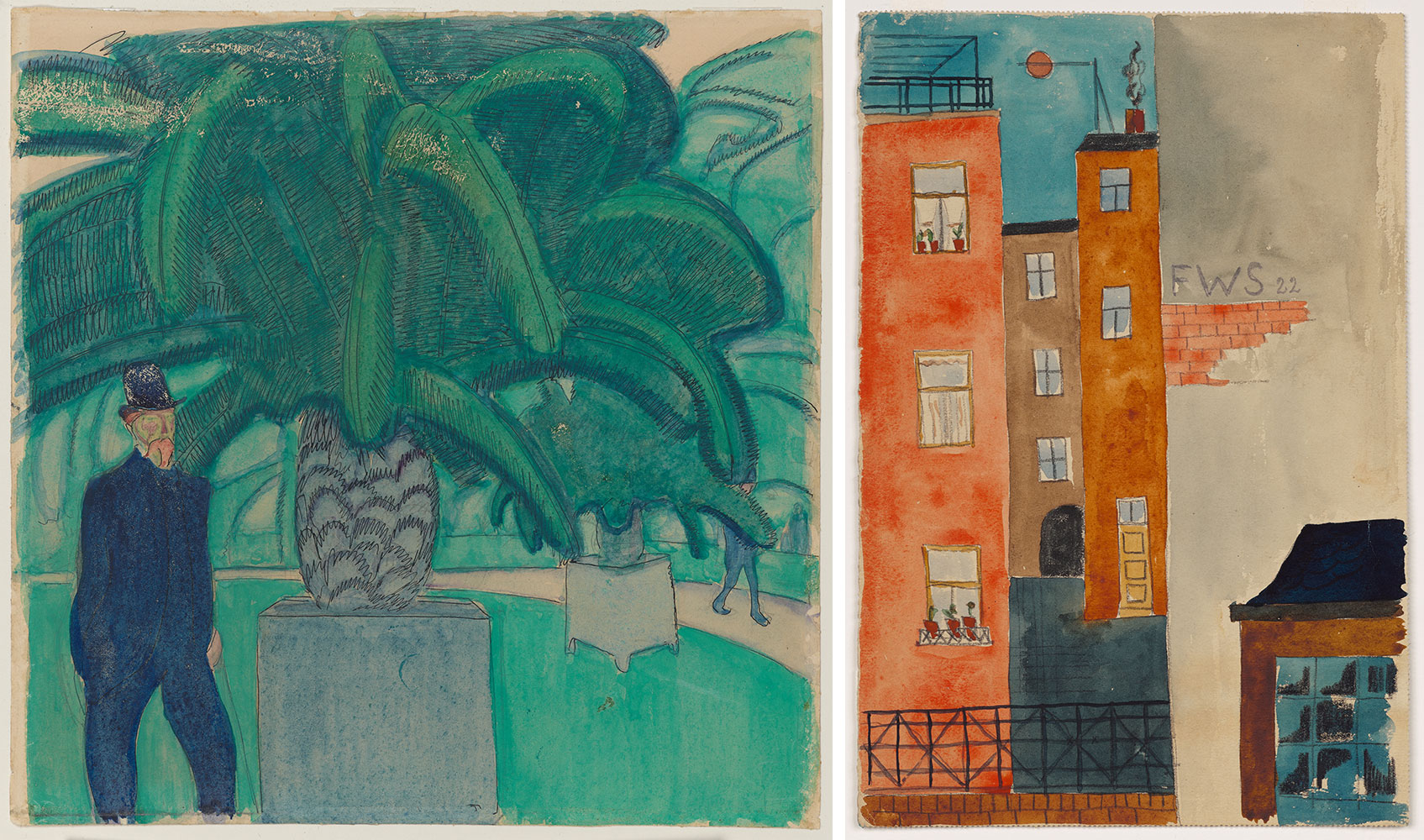 Left: Otto Feldman, Park with palm tree and gentleman in blue, 1911/1913, Museum Ludwig, Cologne, Reproduction: Rheinisches Bildarchiv Köln/Sabrina WalzRight: Franz Wilhelm Seiwert, Backyard, 1922, Museum Ludwig, Cologne, Reproduction: Rheinisches Bildarchiv Köln