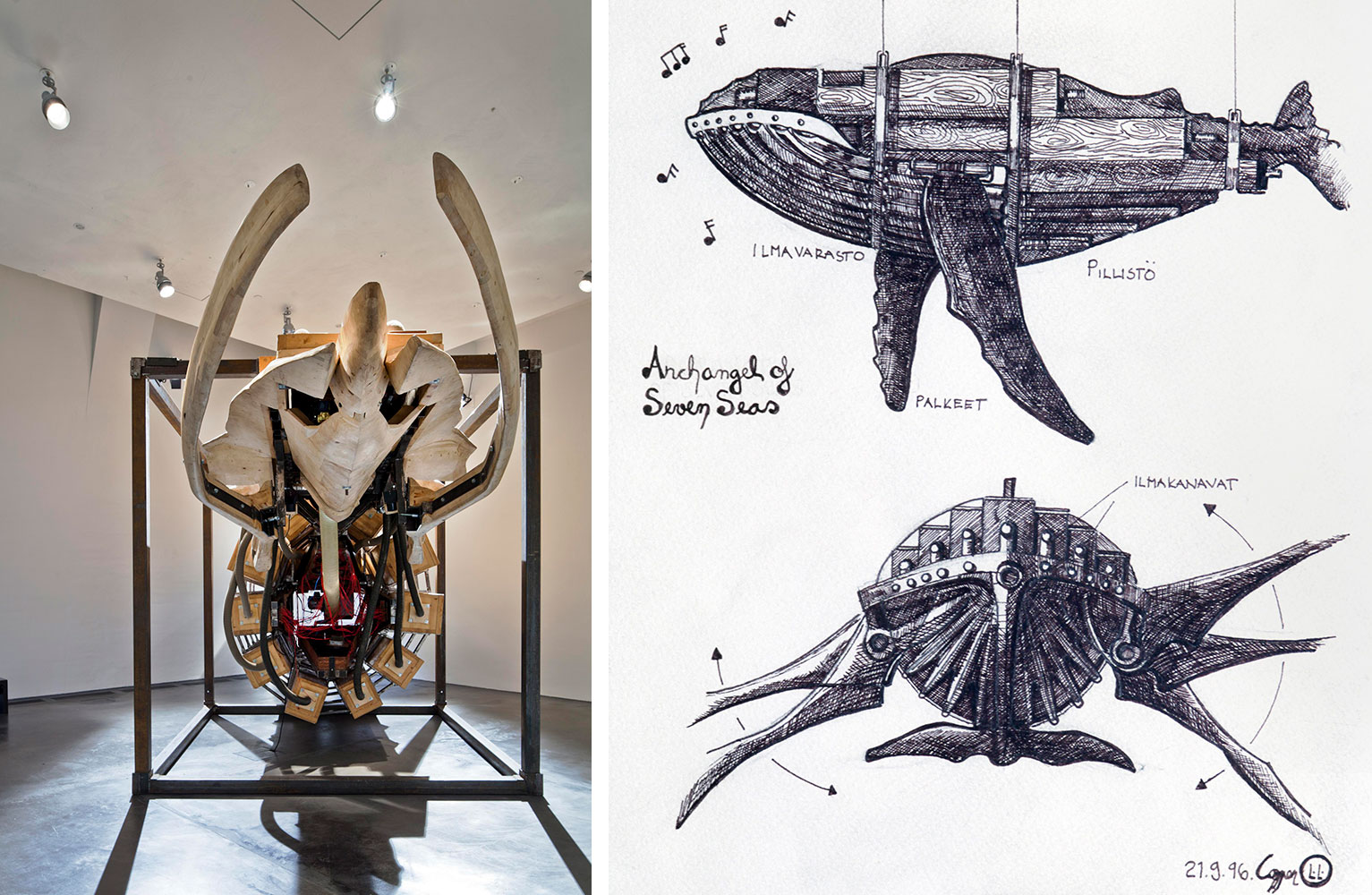 Left: Markus Copper, Archangel of Seven Seas, 1998, Finnish National Gallery / Kiasma, Photo: Finnish National Gallery / Pirje MykkänenRight: Markus Copper, Archangel of Seven Seas, sketch, 1996, Photo: Finnish National Gallery / Petri Virtanen