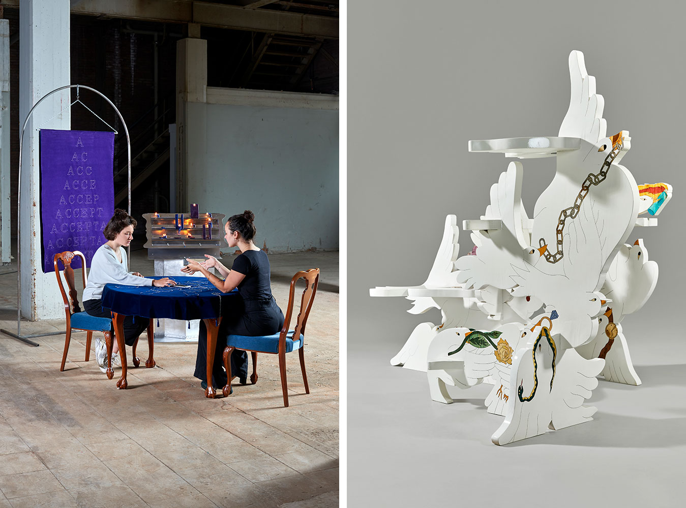Left: Ginevra Petrozzi, Digital Esoterism, 2021. Courtesy of the artist and Design Academy Eindhoven. Photo: Pierre CastignolaRight: Laurids Gallée, Thieves, 2021. Courtesy of the artist. Photo: Mathijs Labadie