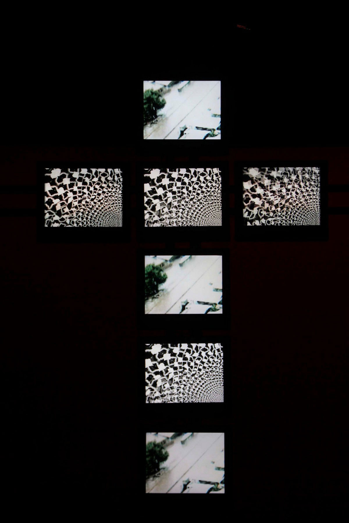 Maksaens Denis, Kwa Bawon, 2004, Iron structure with seven monitors, Approx. 144 × 72 in. (365.76 × 182.88 cm), Courtesy of the artist