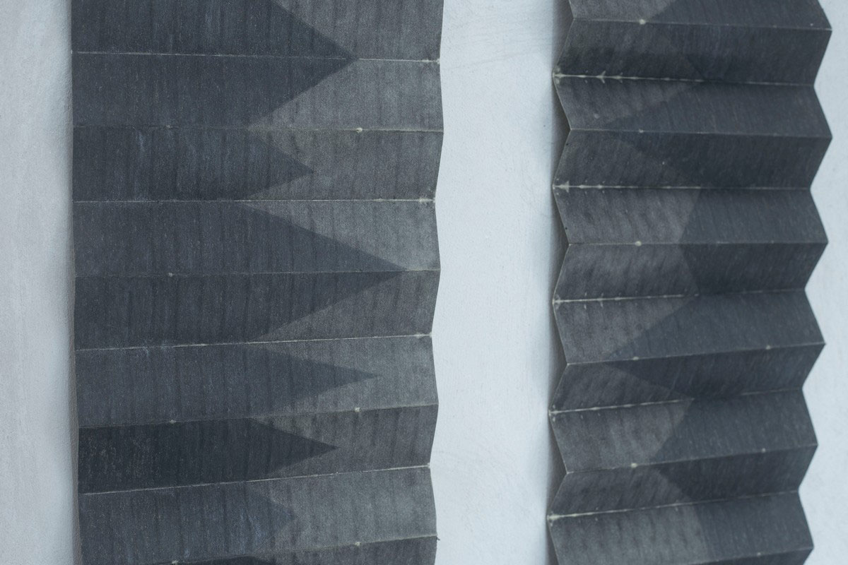 Adán Vallecillo, Saturación #00 (detail), 2017, Graphite on recycled filter paper, 137 3/4 × 23 2/3 in. (350 × 60 cm), Courtesy of the artist