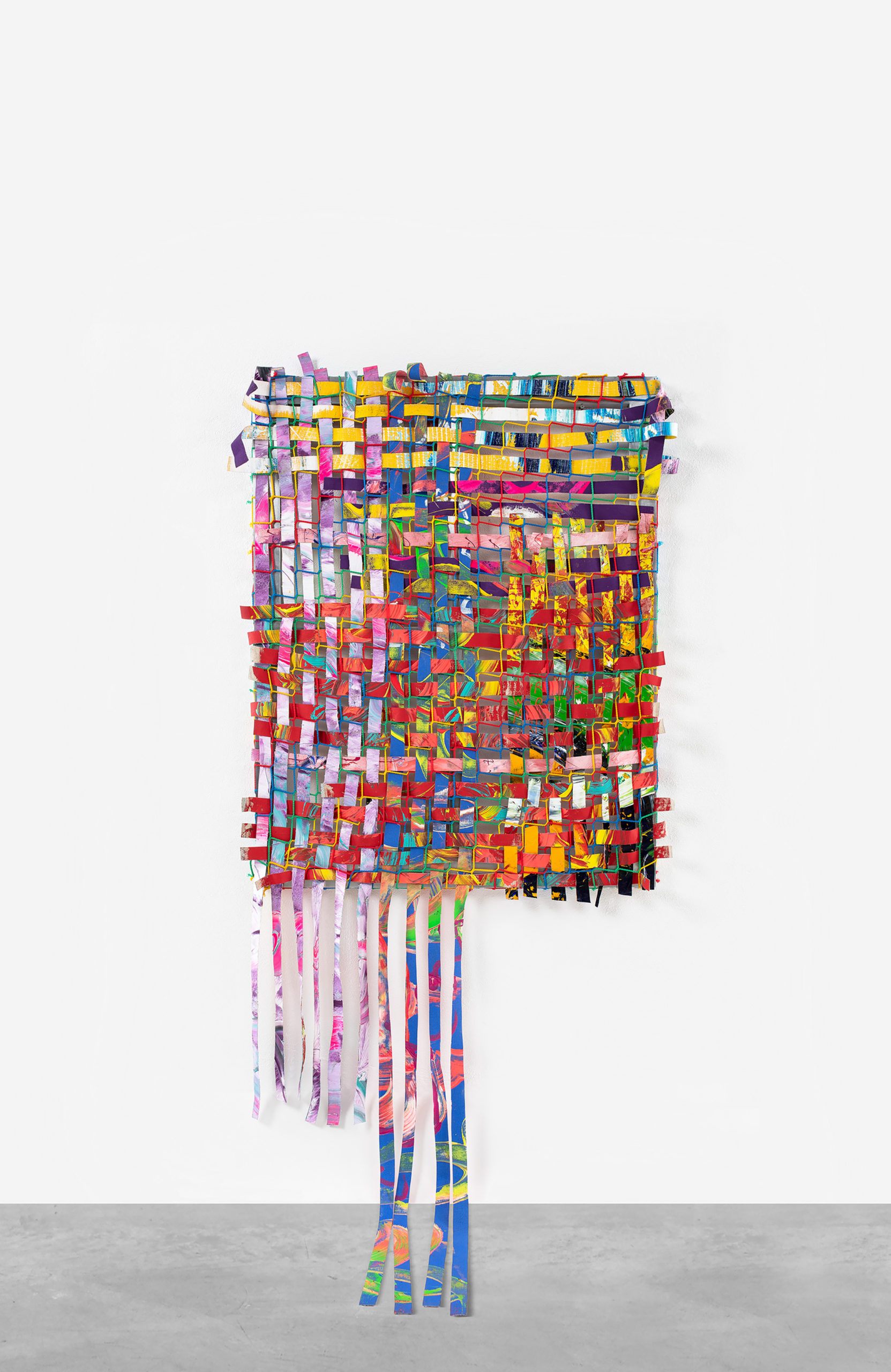 Richard Kennedy, Corn Rows on Cierra, 2022 , Acrylic on linen, net on aluminium frame, 115 x 90 cm (46 x 36 in), Including Extensions: 210 x 100 cm (83 x 39 in) , © Richard Kennedy, Courtesy the artist and Peres Projects