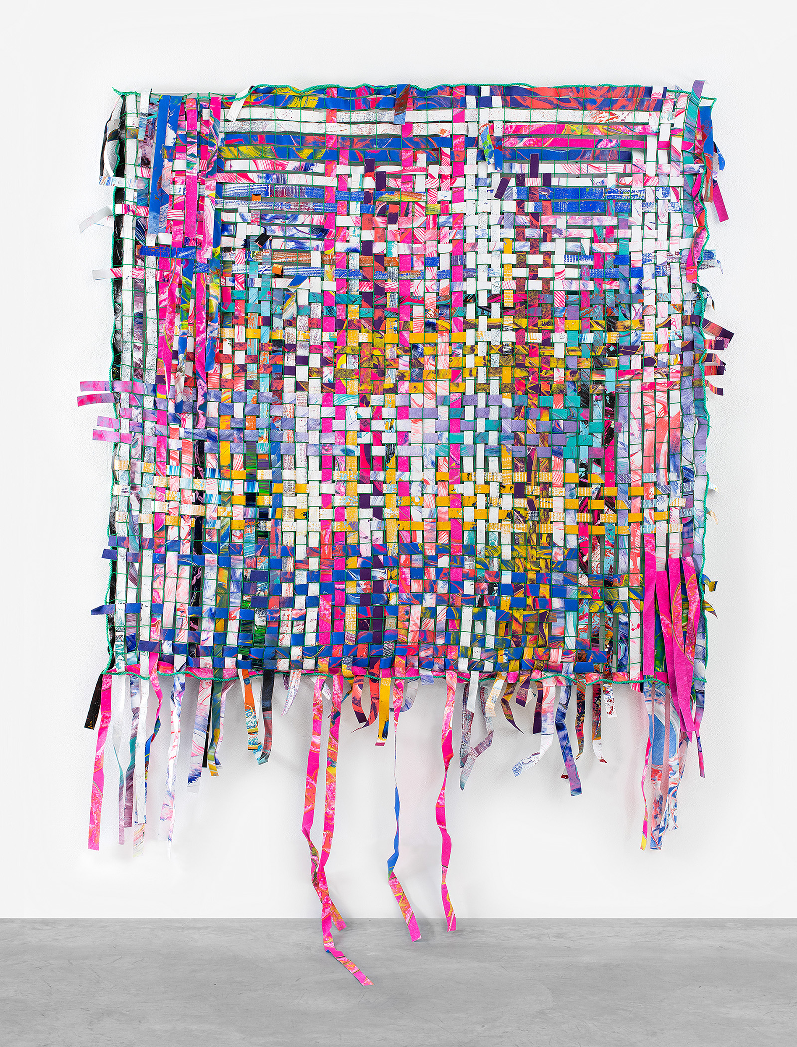 Richard Kennedy , Depressed in a floral dress, 2022, Acrylic on linen, net on aluminium frame, 190 x 190 cm (75 x 75 in) Including Extensions: 300 x 220 cm (118 x 87 in) , © Richard Kennedy, Courtesy the artist and Peres Projects