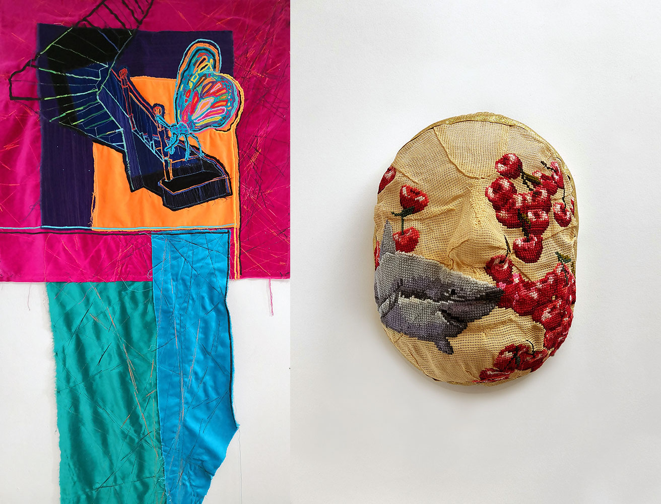 Left: Ada Anastasea, Untitled, 2021, Machine embroidery on velvet, 70 X 150 cm.© & Courtesy the artistRight: Andromachi Gianopoulou, Nude, 2021, embroidery on canvas mask, 19 x 22.5 x 9 cm, © & Courtesy the artist