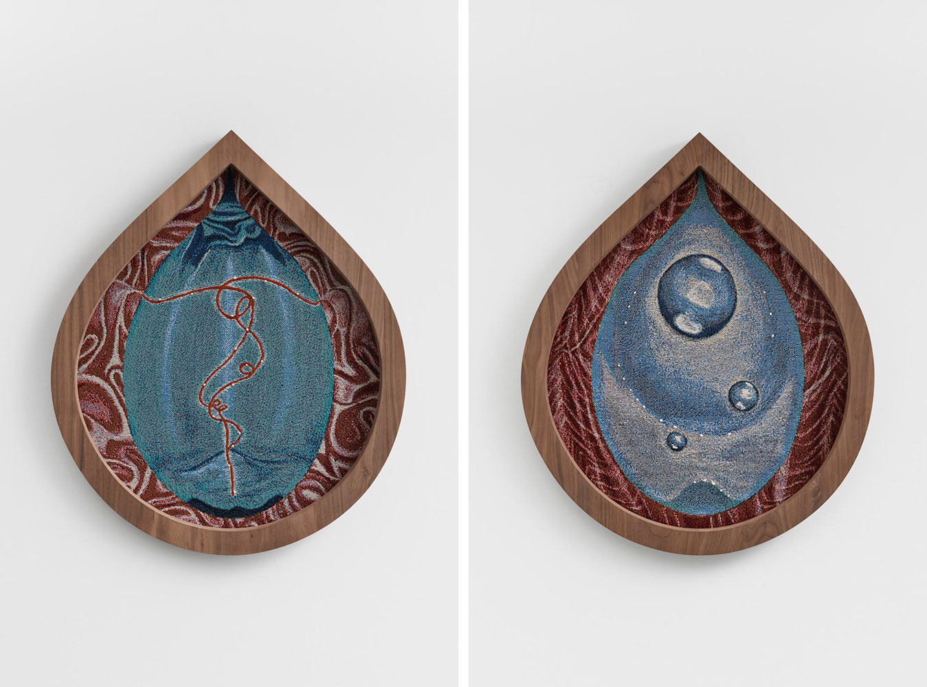 Left: Charlotte Edey, In Cold Water, Her Curls Became Liquid, 2021, Silk hand-embroidery with freshwater pearl on woven jacquard in walnut, 68 x 58 cm, © Charlotte Edey, Courtesy the artist and New ContemporariesRight: Charlotte Edey, Spider Lashes, 2021, Silk hand-embroidery with freshwater pearl on woven jacquard in walnut, 68 x 58 cm, © Charlotte Edey, Courtesy the artist and New Contemporaries 