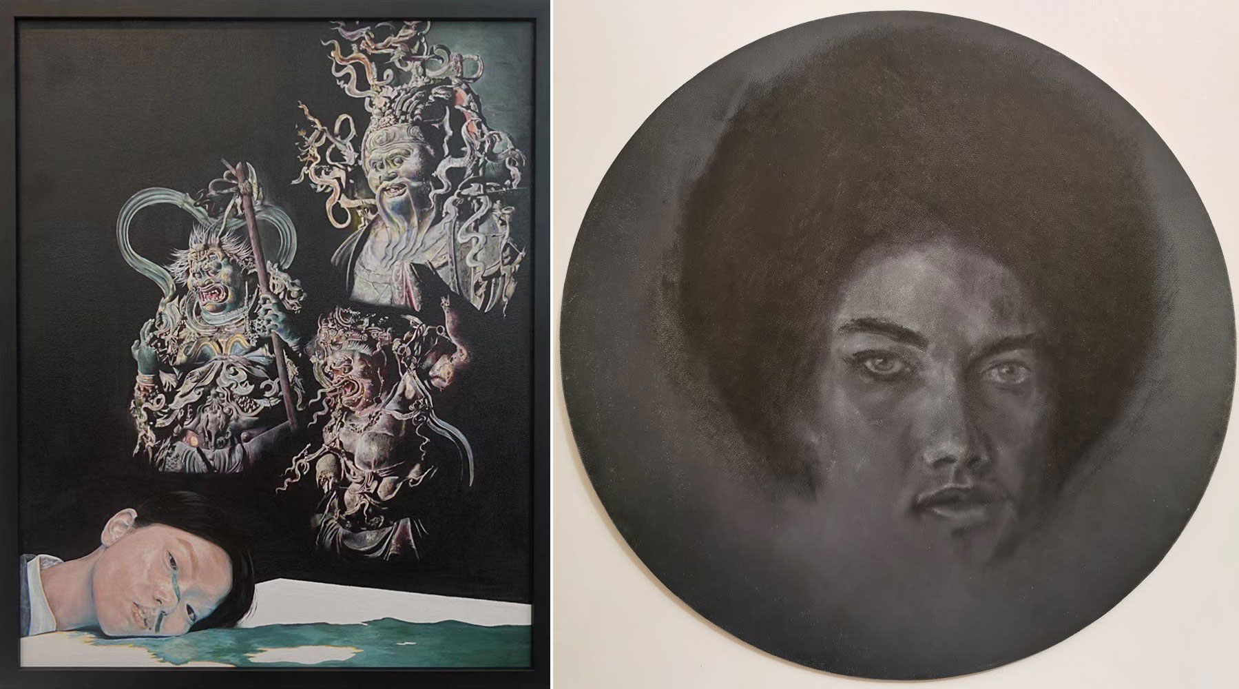 Left: Danying Chen, God has no time for you, 2022, Acrylic on canvas board , 51 x 41 cm, © Danying Chen, Courtesy the artist and New ContemporariesRight: Deborah Hobson, Kathleen, 2020, Oil on canvas, 40 x 40 cm, © Deborah Hobson, Courtesy the artist and New Contemporaries 