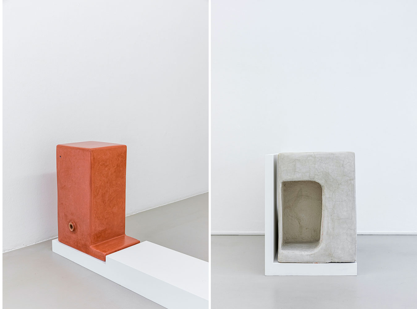 Left: Jumana Manna. Red Ledge, from Cache (Insurance Policy). 2019. Ceramics, concrete, lime, pigments. 29.53h x 15.75w x 21.65d in (75h x 40w x 55d cm)Right: Jumana Manna. Window with ledge, from Cache (Insurance Policy). 2018. Ceramics, concrete, lime, pigments. 55 x 50 x 81 cm. © Jumana Manna. Image courtesy the artist and Hollybush Gardens, London. Photo: Luca Guadagnini © ar/ge kunst