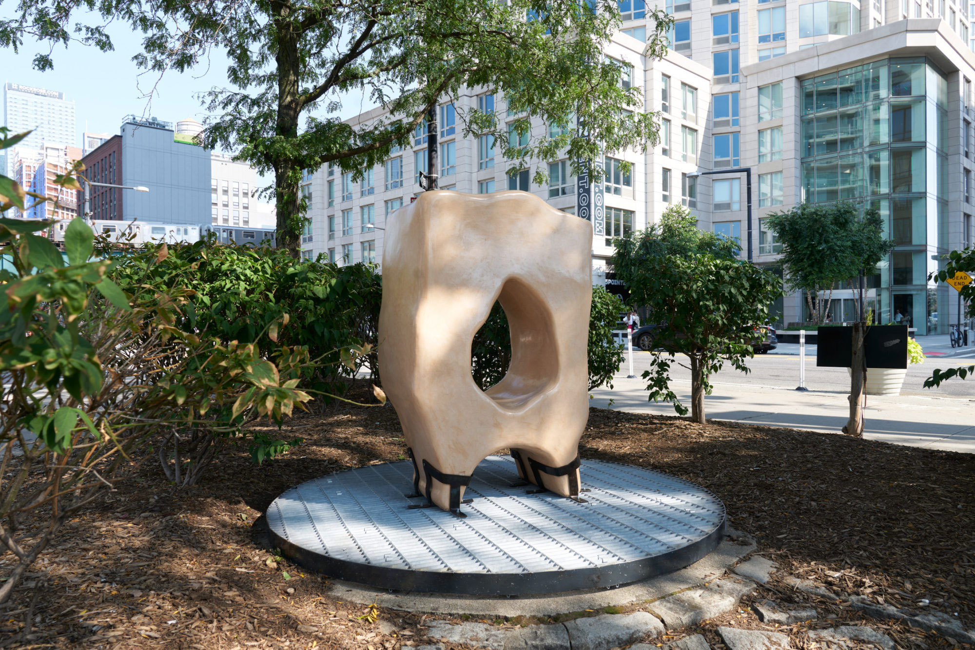 Jumana Manna Middle Ghost (2022), presented in the MoMA PS1 public plaza in collaboration with NYC Parks Art in the Parks program. On view as part of Jumana Manna: Break, Take, Erase, Tally on view at MoMA PS1 from September 22, 2022 to April 17, 2023. Image courtesy MoMA PS1. Photo: Steven Paneccasio