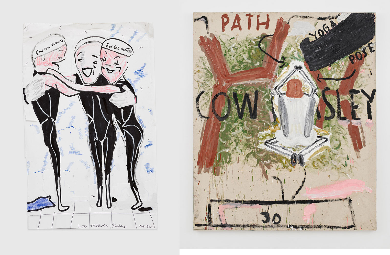 Left: Rose Wylie, 200 Metres Relay, 2002, Ink and coloured pencil on paper, 13 1/4 x 10 1/4 inches 33.8 x 26.1 cm, Framed: 17 x 13 3/4 x 1 5/8 inches 43.2 x 34.8 x 4 cm, Photography: Jack Hems, © Rose Wylie Courtesy the artist and David ZwirnerRight: Rose Wylie, Yoga Pose, 2021, Oil on canvas, 72 1/2 x 60 5/8 inches 184 x 154 cm, Photography: Jack Hems, © Rose Wylie, Courtesy the artist and David Zwirner