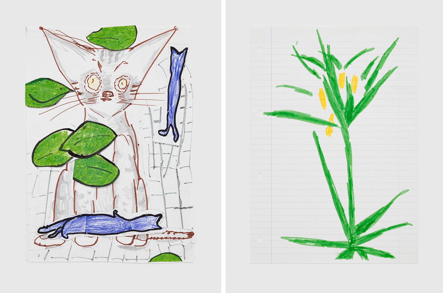 Left: Rose Wylie, Bunt and Japonica Leaves, study for Red Twink, 2002, Ink, graphite, and coloured pencil on paper, 11 7/8 x 8 1/2 inches, 30.2 x 21.6 cm, Framed: 17 x 13 3/4 x 1 5/8 inches, 43.2 x 34.8 x 4 cm, Photography: Jack Hems, © Rose Wylie, Courtesy the artist and David ZwirnerRight: Rose Wylie, Yellow Crown Imperial with More Flowers, c. 2003, Felt pen on lined paper, 11 3/4 x 8 1/4 inches, 29.7 x 21 cm, Framed: 17 x 13 3/4 x 1 5/8 inches, 43.3 x 34.8 x 4 cm, Photography: Jack Hems, © Rose Wylie, Courtesy the artist and David Zwirner