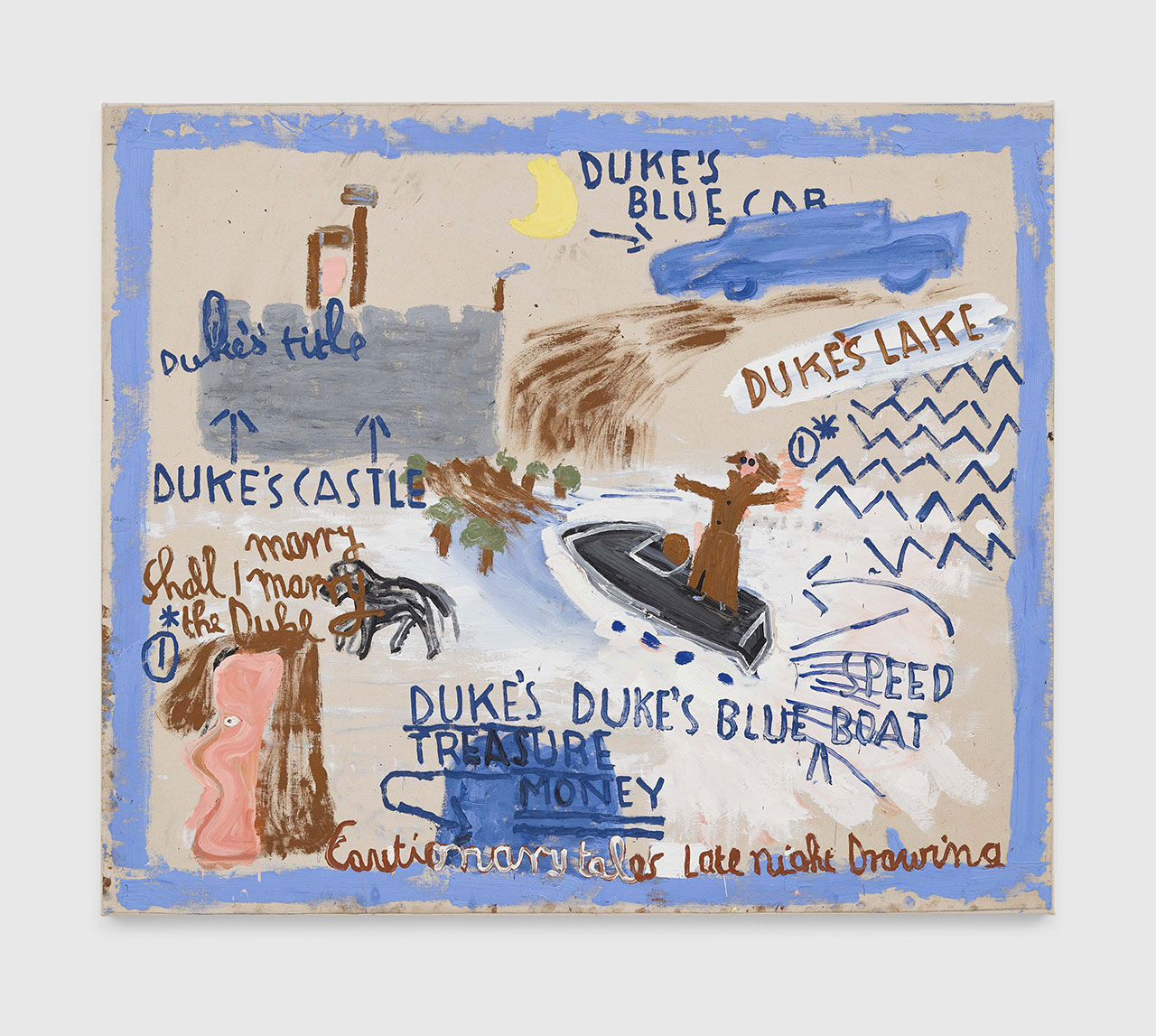 Rose Wylie, Cautionary Tales, 2022, Oil on canvas, 61 3/4 x 72 1/4 inches, 157 x 183.5 cm, Signed verso, Photography: Jack Hems, © Rose Wylie, Courtesy of Private Collection