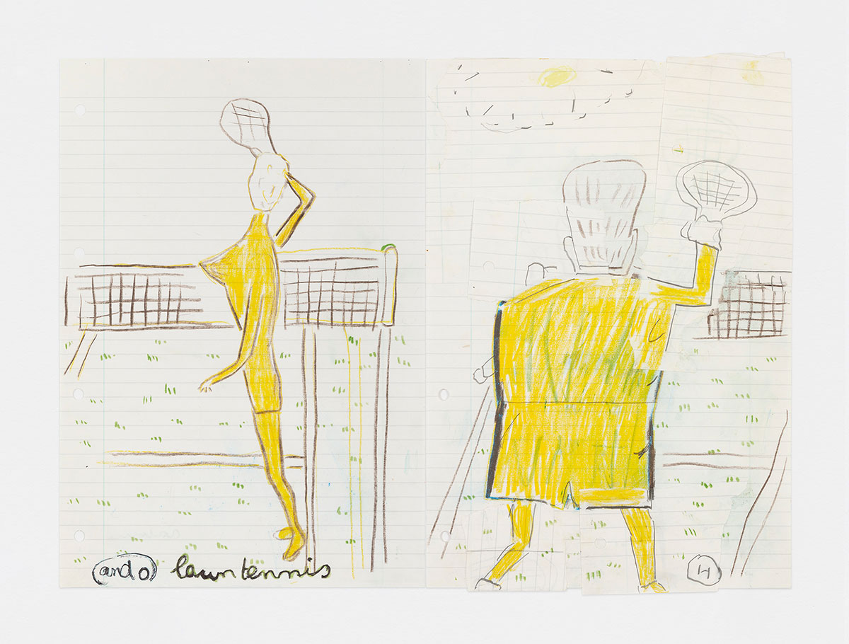 Rose Wylie, H and O, Lawn Tennis, 1999, Coloured pencil, pencil and collage on paper in two (2) parts, Left sheet: 12 1/4 x 8 1/4 inches, 31.2 x 21 cm, Right sheet: 11 3/4 x 8 1/4 inches, 29.7 x 21 cm, Overall: 12 1/4 x 16 1/2 inches, 31.2 x 42 cm, Framed: 17 x 21 7/8 x 1 5/8 inches, 43.2 x 55.7 x 4 cm, Photography: Jack Hems, © Rose Wylie, Courtesy the artist and David Zwirner