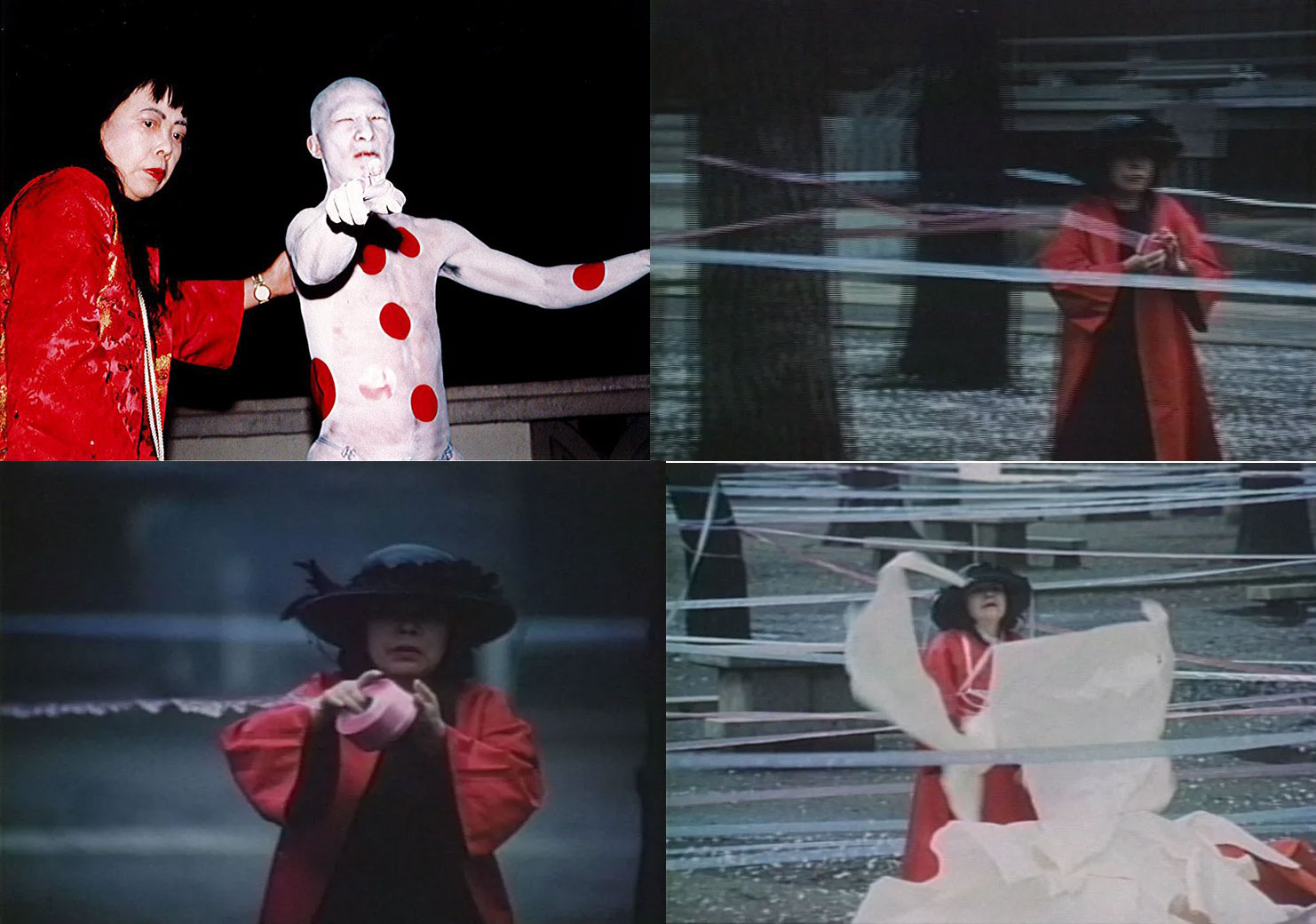 Upper Left: Untitled performance at Hotel Chateau Marmont, Los Angeles, in 1998, for the opening of Love Forever at Los Angeles County Museum of Art. © YAYOI KUSAMAUpper Right & Down: Flowers of Basara (stills), performance at Kuhonbutsu Jōshin-ji temple, Tokyo, 1985. Digital video (colour, silent), 1 min. 20 sec. Collection of the artist. © YAYOI KUSAMA