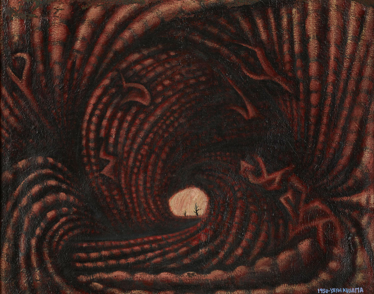Accumulation of the Corpses (Prisoner Surrounded by the Curtain of Depersonalization), 1950. Oil and enamel on seed sack. The National Museum of Modern Art, Tokyo. © YAYOI KUSAMA