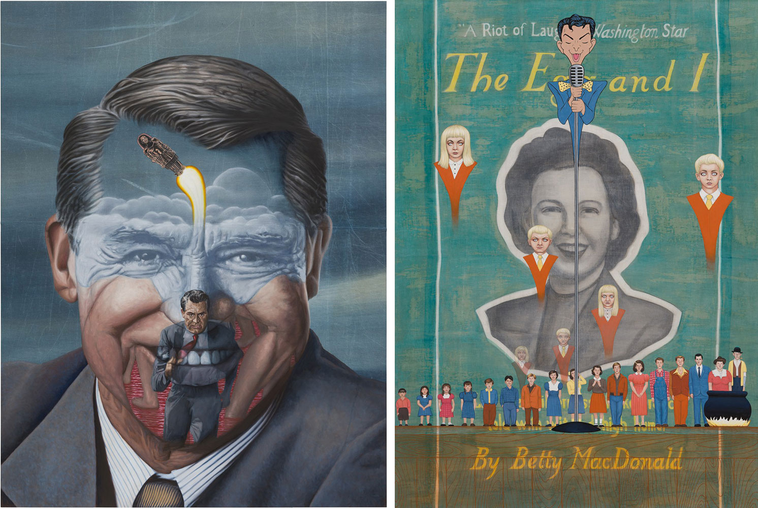 Left: Jim Shaw, Cary Grant, 2022, Oil and acrylic on muslin, 84 × 64 inches (213.4 × 162.6 cm), © Jim Shaw. Photo: Jeff McLane, Courtesy the artist and GagosianRight: Jim Shaw, The Egg and I, 2022, Oil and acrylic on muslin, 80 × 57 inches (203.2 × 144.8 cm), © Jim Shaw. Photo: Jeff McLane, Courtesy the artist and Gagosian