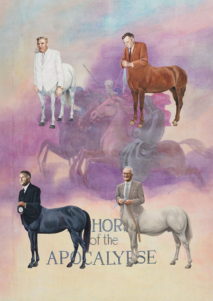 Jim Shaw, Four Horsemen of The Apocalypse, 2023, Oil and acrylic on muslin, 80 × 57 inches (203.2 × 144.8 cm), © Jim Shaw. Photo: Jeff McLane, Courtesy the artist and Gagosian