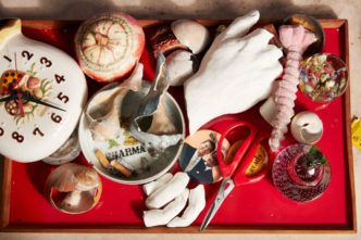 Roe Ethridge, Story of my life up to now or Red Tray with Mushroom Clock, 2022, Dye sublimation print on Dibond, 48 x 72 inches, 121.9 x 182.9 cm, Edition of 5, © Roe Ethridge, Courtesy the artist and Gagosian