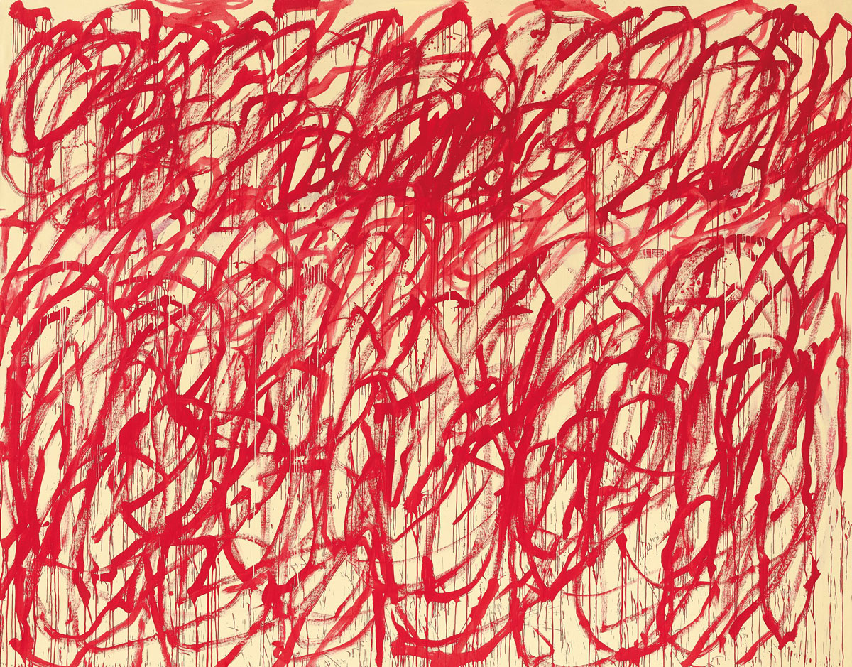 Cy Twombly, Bacchus, 2006–08 Acrylic on canvas, 124 ⅞ × 159 ⅛ inches (317 × 404.2 cm), Cy Twombly Foundation© Cy Twombly Foundation