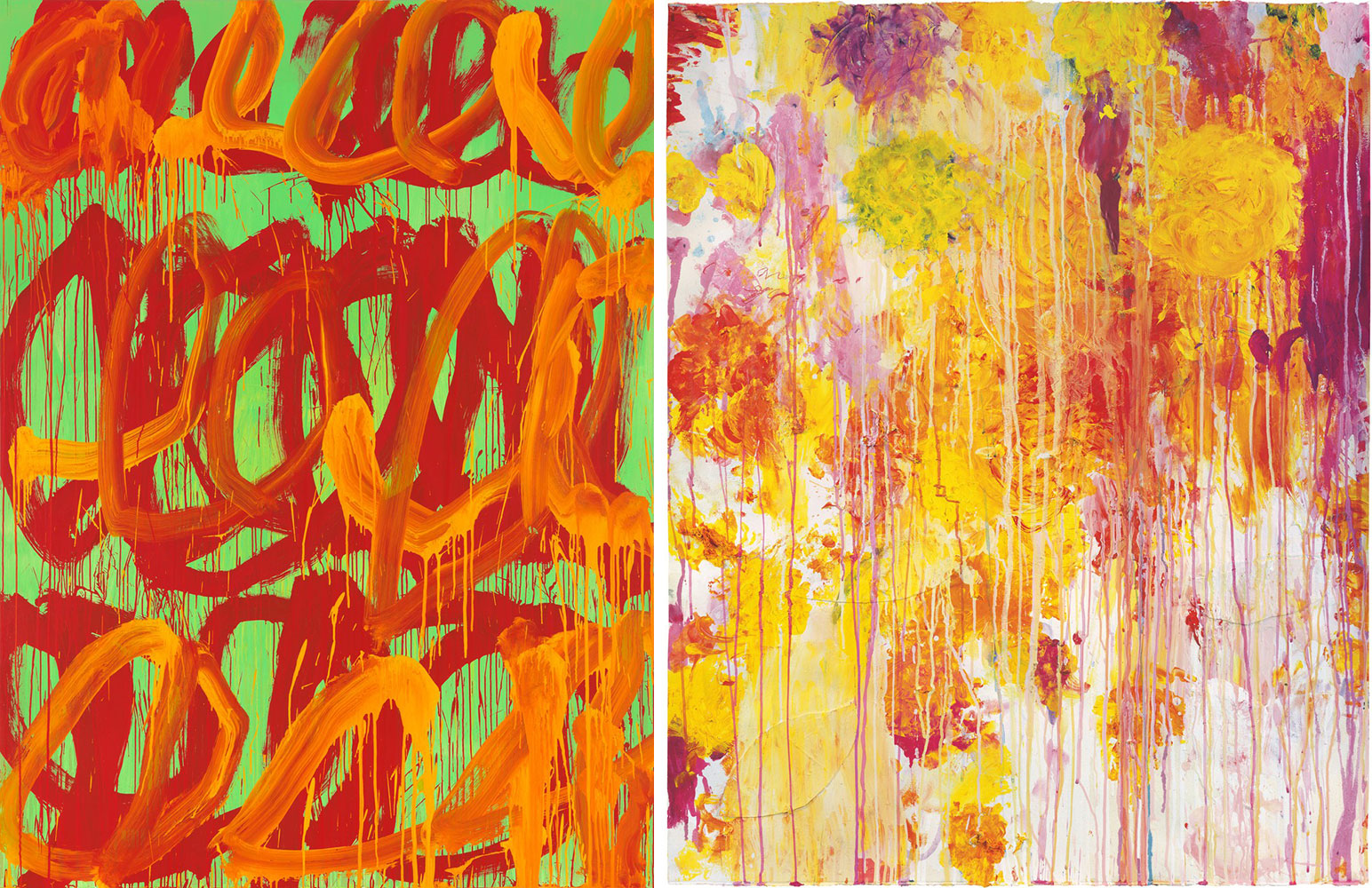 Left: Cy Twombly, Camino Real II, 2010 Acrylic on plywood, 99 ⅜ × 72 ⅞ inches (252.4 × 185.1 cm)© Cy Twombly FoundationRight: Cy Twombly, Untitled, 2001 Acrylic, wax crayon, and cut-and-pasted paper on paper, 48 ⅞ × 39 inches (124 × 99 cm)© Cy Twombly Foundation. Photo: Rob McKeever
