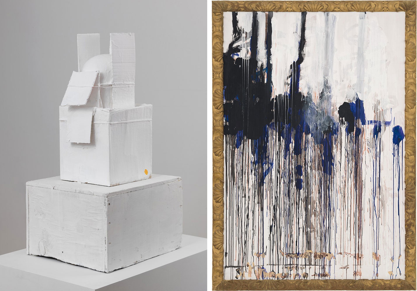 Left: Cy Twombly, Untitled (Lexington), 2009 Wood, white paint, cardboard, yellow acrylic, and plastic strings, 21 × 12 × 9 ½ inches (53.3 × 30.5 × 24.1 cm)© Cy Twombly Foundation. Photo: Rob McKeeverRight: Cy Twombly, Untitled (Winter Picture, 2004 Acrylic on plywood panel, in artist’s frame, 98 ⅞ × 69 ¾ × 2 ¾ inches (251 × 177 × 7 cm, © Cy Twombly Foundation