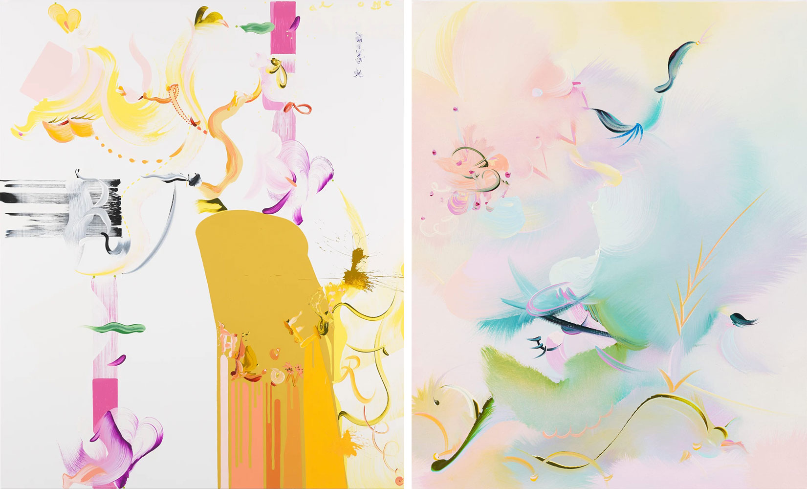 Left: Fiona Rae, Yes I’m alone, but I’m alone and free!, 2021, Oil and acrylic on canvas, 152,4 x 127 cm (60 x 50 in), © Fiona Rae, Courtesy the artist and Galerie Nathalie ObadiaRight: Fiona Rae, Magic garment, 2018, Oil on canvas, 61 x 49,5 cm (24 x 19 1/2 in), © Fiona Rae, Courtesy the artist and Galerie Nathalie Obadia
