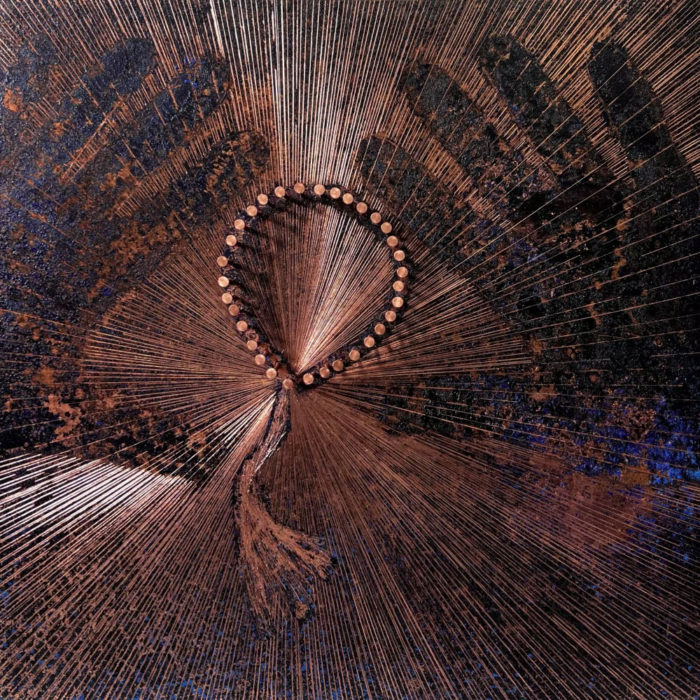 Nari Ward, Prayer Series 2023, patinated copper sheet, copper nails and darkening patina, 29,5 x 29,5 x 7,5 cm, © Nari Ward, Courtesy the artist and Galleria Continua