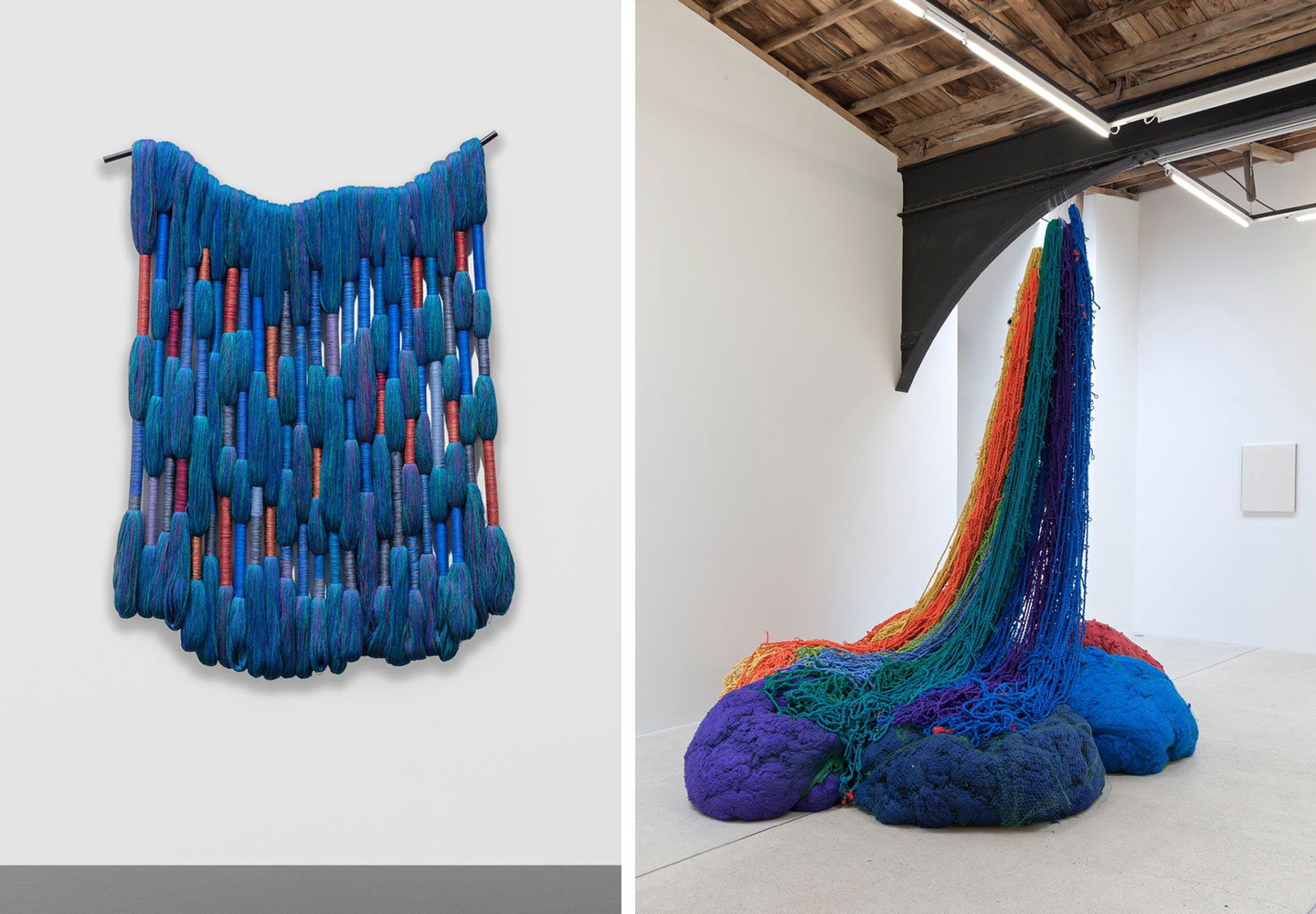 Left: Sheila Hicks, NEXTTOINININMININIROONN, 2022, Private Collection, Courtesy Galleria Massimo Minini, Photo: Sebastiano Pellion di PersanoRight: Sheila Hicks, Atterrissage, 2014, installation view, Unknown Data, galerie frank elbaz, 2014, photo: Zarko Vijatovic, Courtesy the artist and galerie frank elbaz, Paris