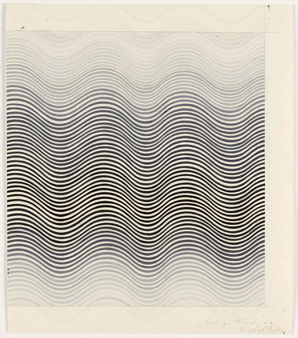 Bridget Riley, study for Polarity, 1964. Graphite and gouache on paper. 18 ⅜ × 15 ¾ in. (46.7 × 40 cm). Collection of the artist, © Bridget Riley