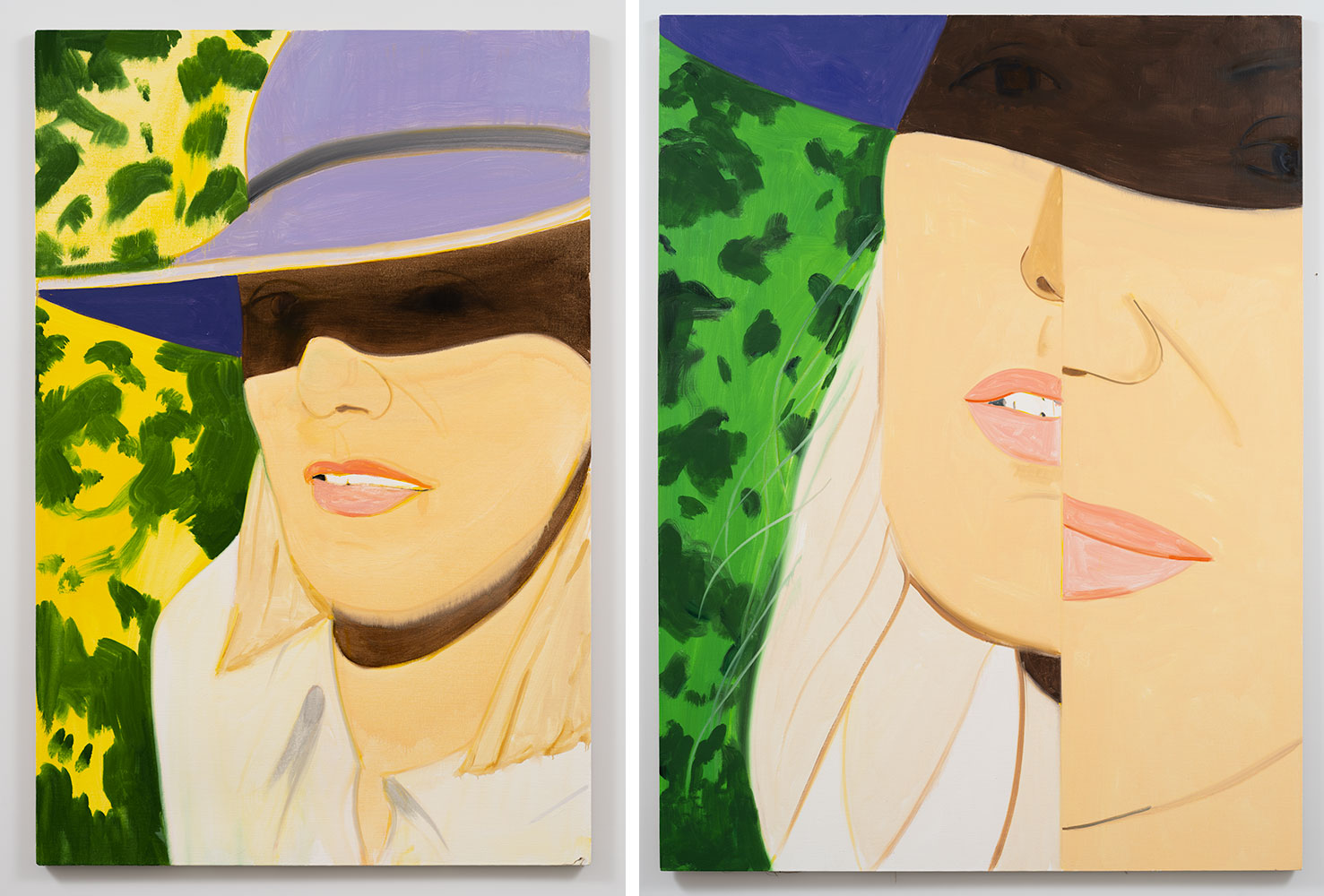 Left: Alex Katz, Sunrise 4 (detail), 2021, Oil on linen, 72 x 48 inches (182.9 x 121.9 cm), © Alex Katz / VAGA at Artists Rights Society (ARS), NY Courtesy of the artist and Gladstone GalleryRight: Alex Katz, Sunrise 10, 2021, Oil on linen, 96 x 72 inches (243.8 x 182.9 cm), © Alex Katz / VAGA at Artists Rights Society (ARS), NY Courtesy of the artist and Gladstone Gallery