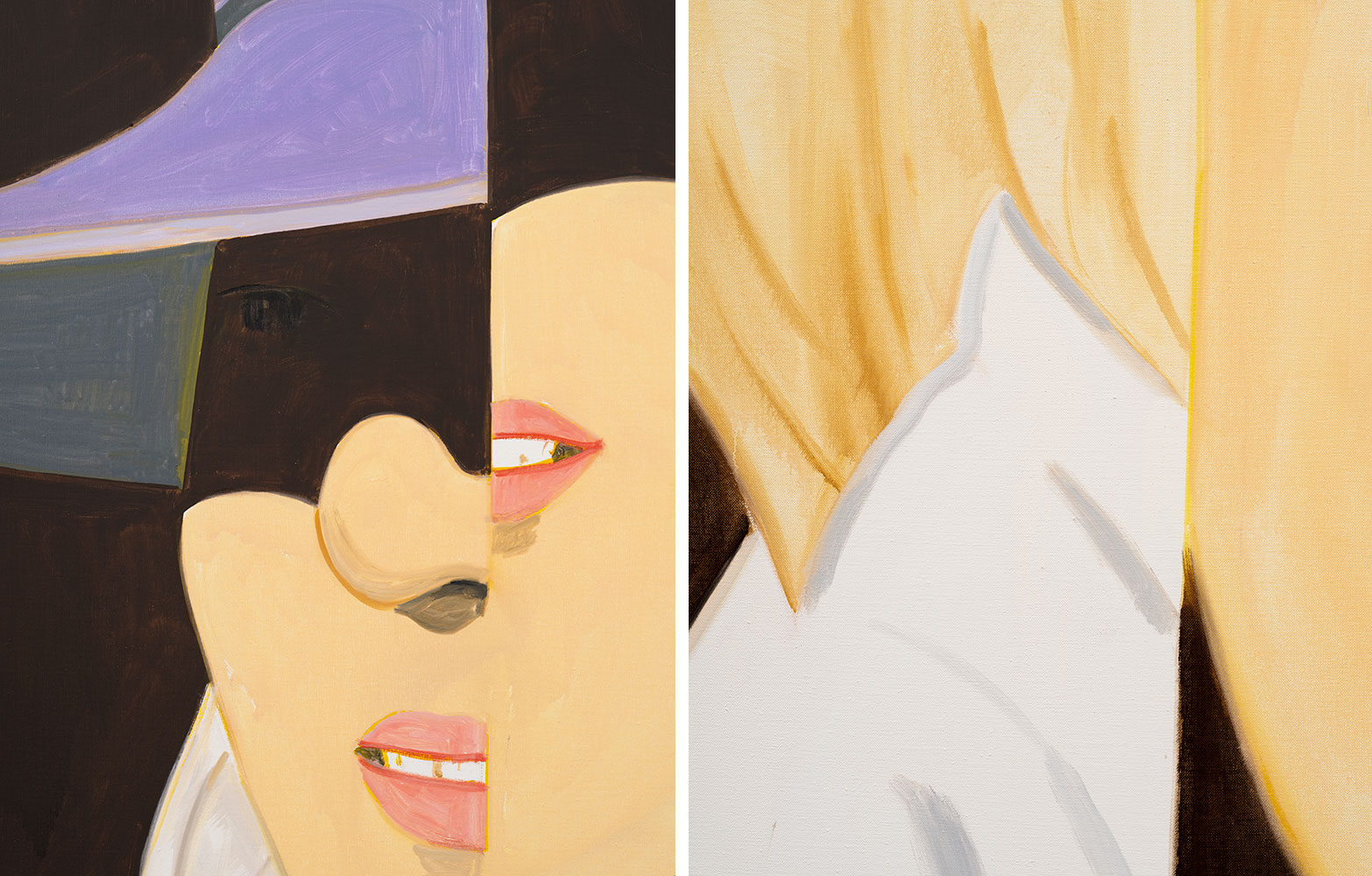 Left: Alex Katz , Sunrise 12 (detail), 2021, Oil on linen, 96 x 72 inches (243.8 x 182.9 cm), © Alex Katz / VAGA at Artists Rights Society (ARS), NY Courtesy of the artist and Gladstone GalleryRight: Alex Katz, Sunrise 10 (detail), 2021, Oil on linen, 96 x 72 inches (243.8 x 182.9 cm), © Alex Katz / VAGA at Artists Rights Society (ARS), NY Courtesy of the artist and Gladstone Gallery