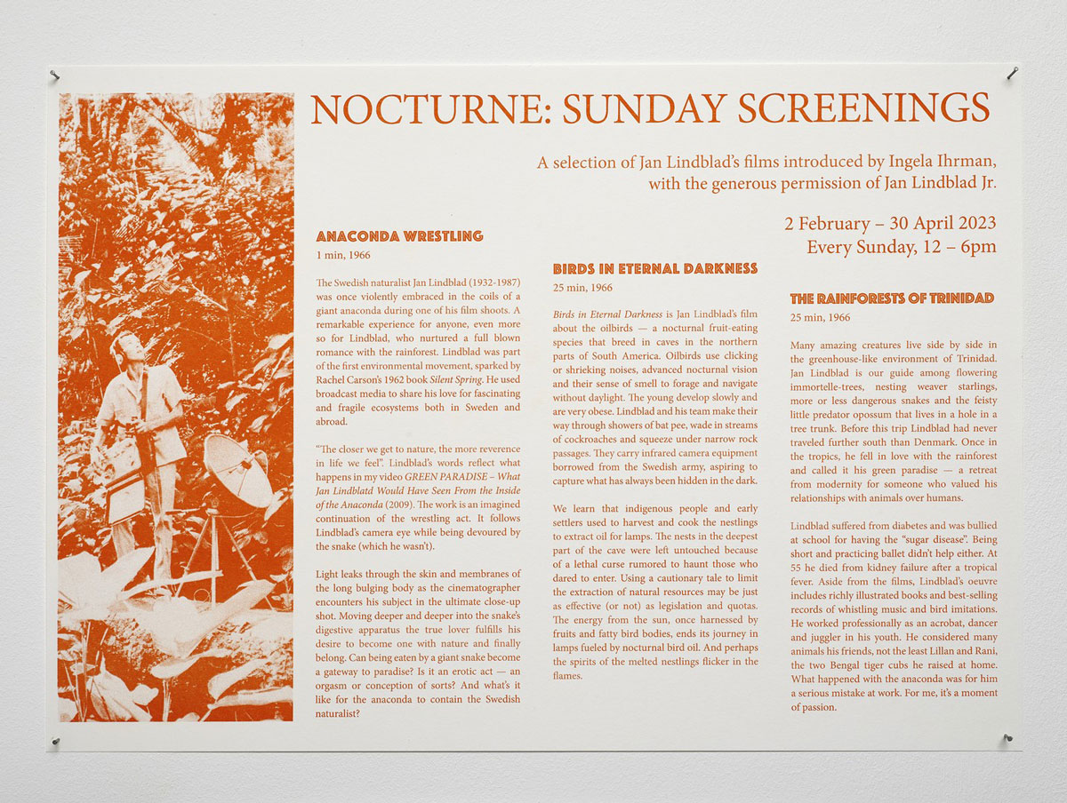 Ingela Ihrman, Nocturne: Sunday Screenings, 2023. Risograph print of Jan Lindblad's film programme introduced by the artist. Commissioned and produced by Gasworks. Photo: Andy Keate, © Ingela Ihrman, Courtesy the artist and Gasworks