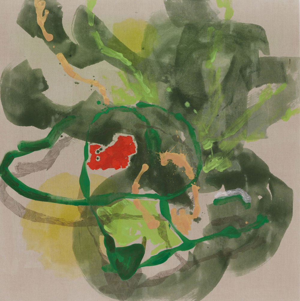 Jessica Rankin, You remain evergreen & ours, KAM, 2021, Acrylic and embroidery on linen,152 x 152 cm, © Jessica Rankin,Courtesy the artist and carlier|gebauer Gallery