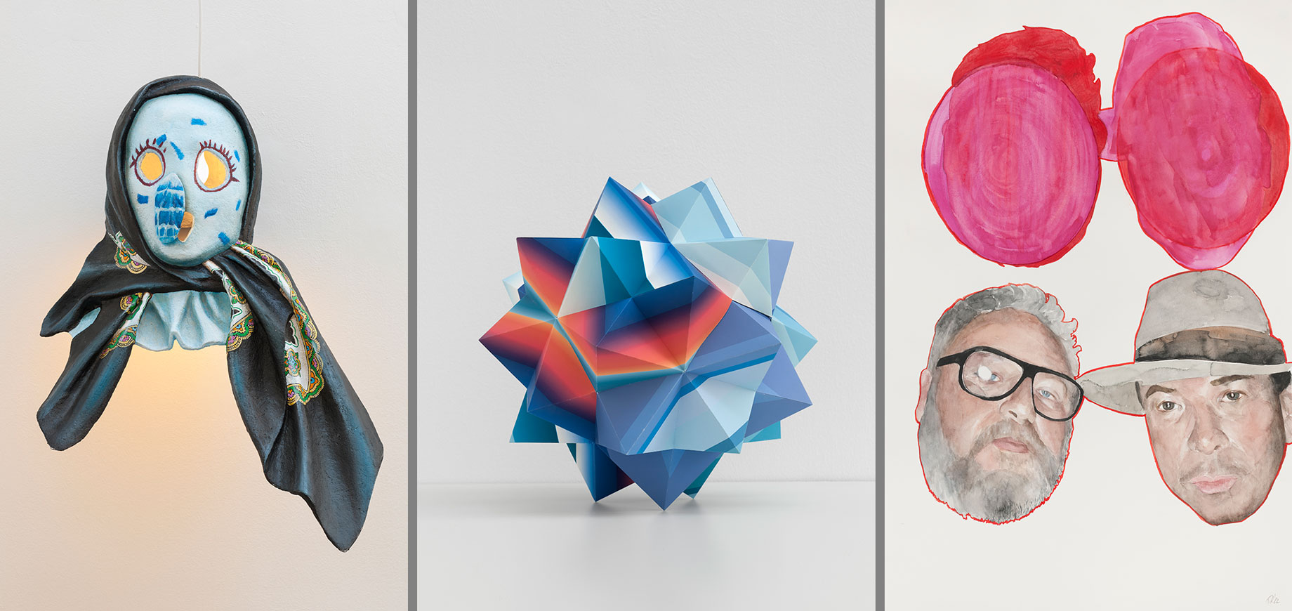 Left: Tobias Rehberger, Me as you lI, Nr. 5, 2014, Paper maché, paint, cable, socket, lightbulb, textile 89 x 62 x 44 cm, © Tobias Rehberger, Courtesy: the artist and GALLERIA CONTINUA, Photo by: Dong LinCenter: Tobias Rehberger, Present for Carsten Höller, 2016, Printed Paper, Limestone, 33 x 37,5 x 37,5 cm, © Tobias Rehberger, Courtesy: the artist and GALLERIA CONTINUA, Photo by: Dong Lin Right: Tobias Rehberger, Ambiguous proportions (in relation to Juan Carlos Quintero Beltran, hair stylist, Frankfurt), 2022, Watercolor on paper, 90 x 60 cm, © Tobias Rehberger, Courtesy: the artist and GALLERIA CONTINUA, Photo by: Dong Lin