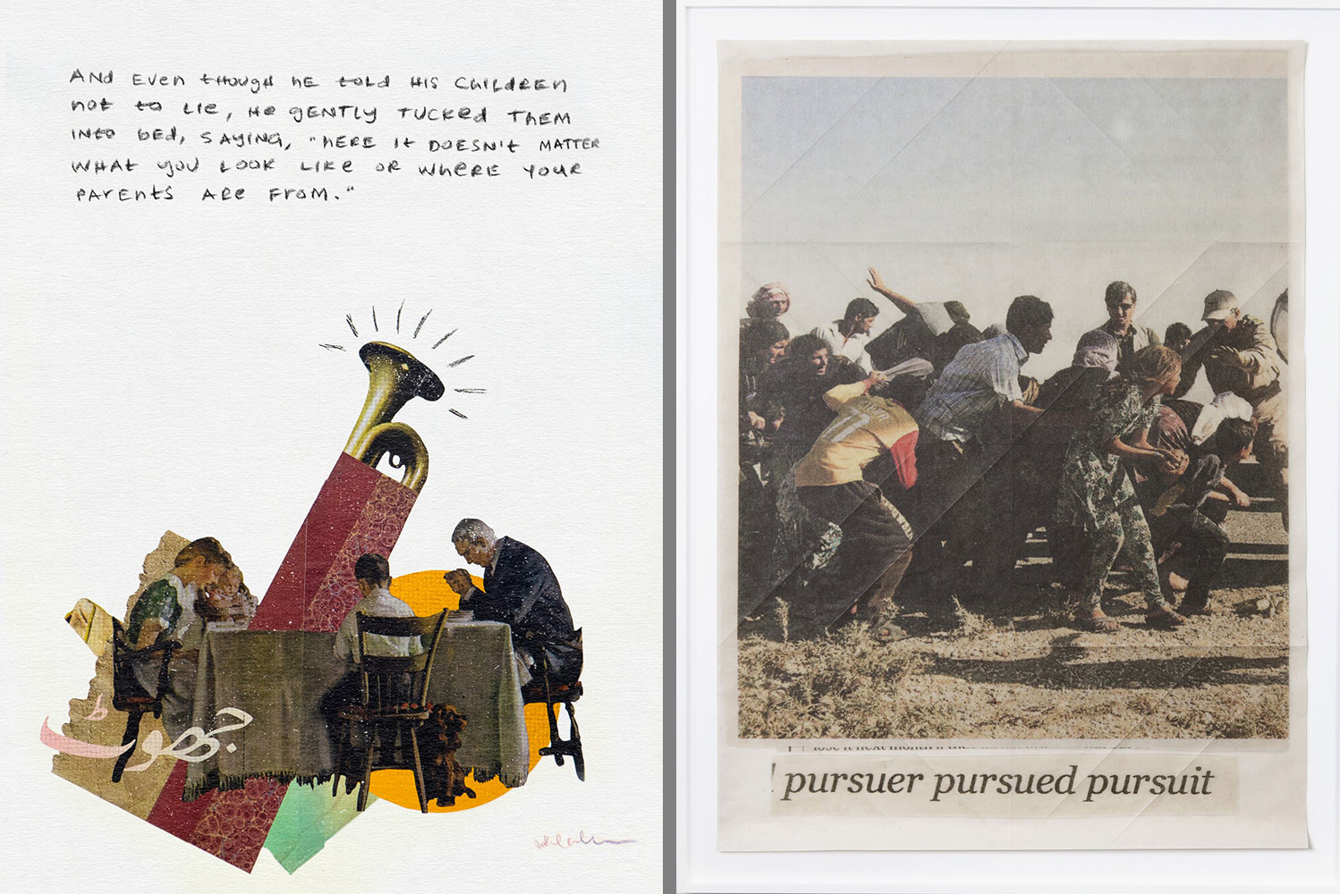 Left: Safwat Saleem, Concerned but Powerless #11, 2017. Mixed media, charcoal, and colored pencils on cold press illustration board, 24 x 18 inches. Framed: 28 x 22 inches. Courtesy of the artistRight: York Chang, pursuer pursued pursuit (factograph, 2018. Archival inkjet on folded Japanese kozo paper, 46 x 32 inches. Courtesy of the artist