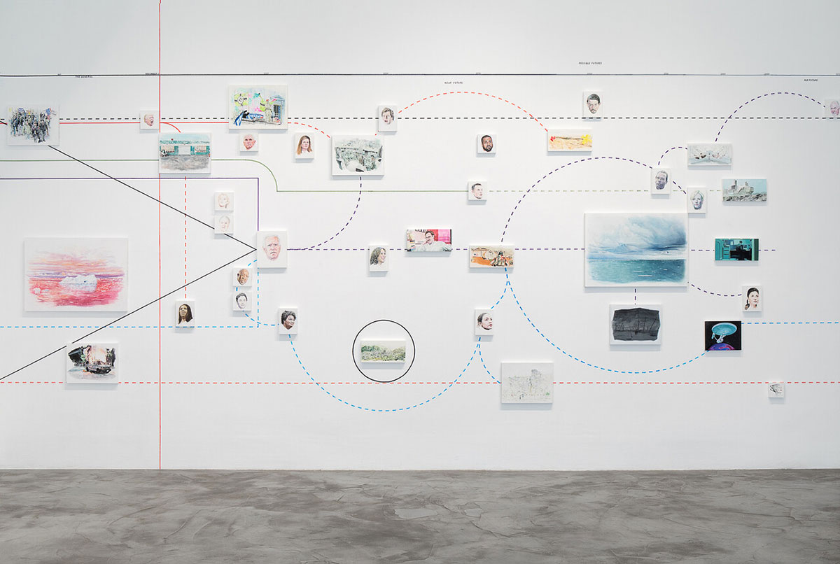 William Powhida, Possibilities for Representation, 2020–ongoing. Watercolor and gouache on paper on panel, approx. 50 linear feet. Courtesy of the artist