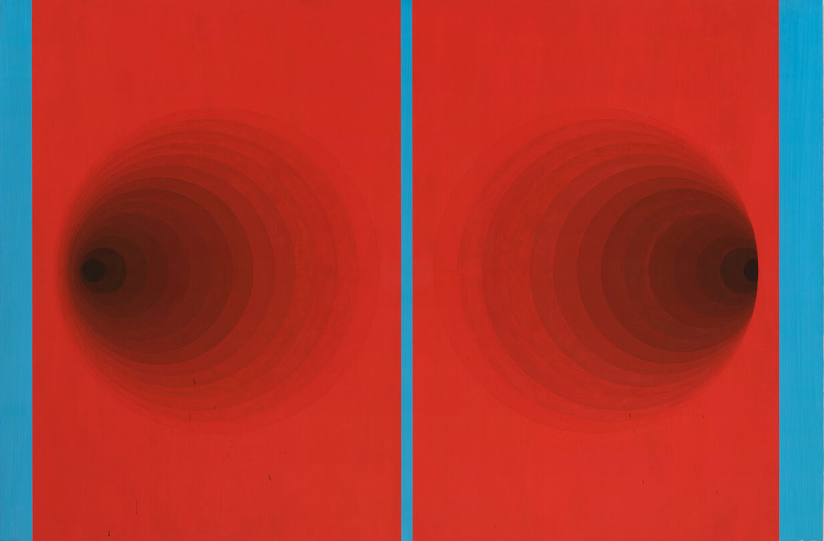 Julian Hoeber, Large Device, 2022, Vinyl paint, acrylic, oil, and graphite on linen over panel, 48 x 71 3/8 x 2 1/2 inches framed, Photo: Heather Rasmussen, © Julian Hoeber, Courtesy the artist and Blum & Poe Gallery