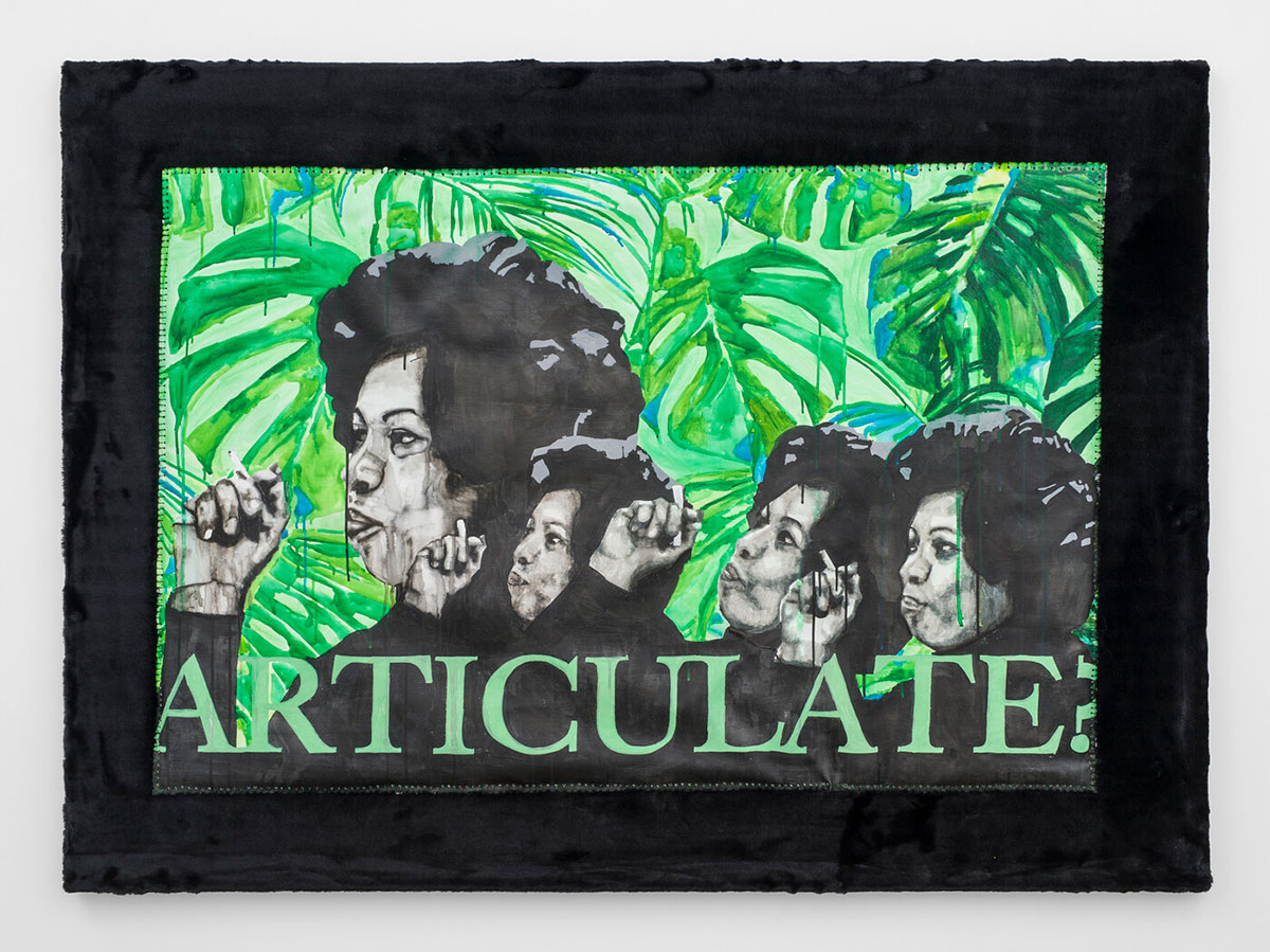 April Bey, Yes, And I Just Love Your Hair Too, 2019. Watercolor on canvas, thread, faux black fur, 52 x 72 inches. Courtesy of the artist and Gavlak Gallery, Los Angeles