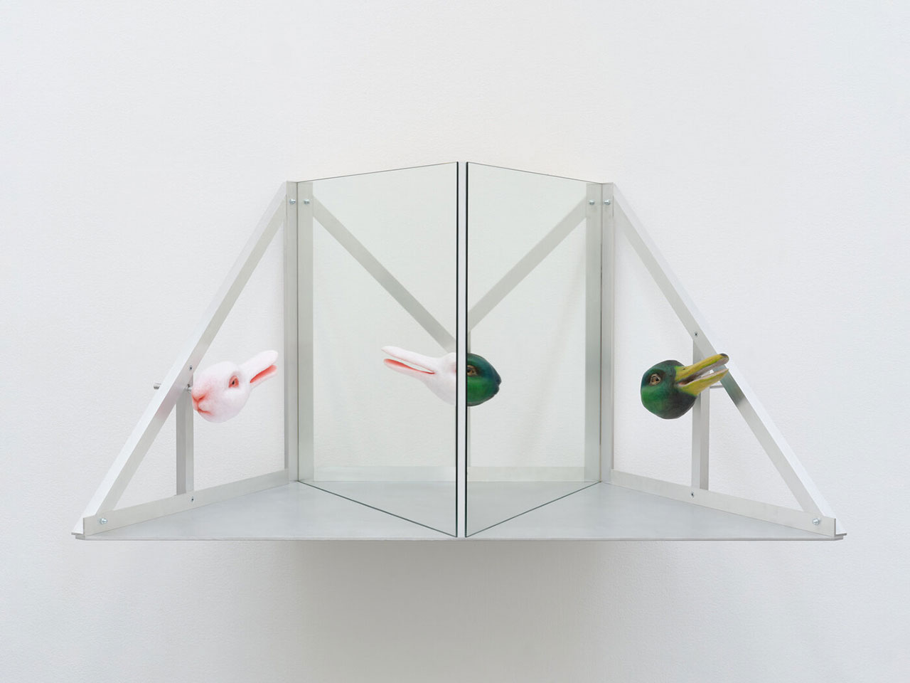 Julian Hoeber, What Two Animals are Most Alike?, 2023, Aluminum, glass mirror, birch plywood, silicone, epoxy, urethane, and hardware, 22 1/4 x 42 3/4 x 18 1/4 inches, Photo: Heather Rasmussen, © Julian Hoeber, Courtesy the artist and Blum & Poe Gallery