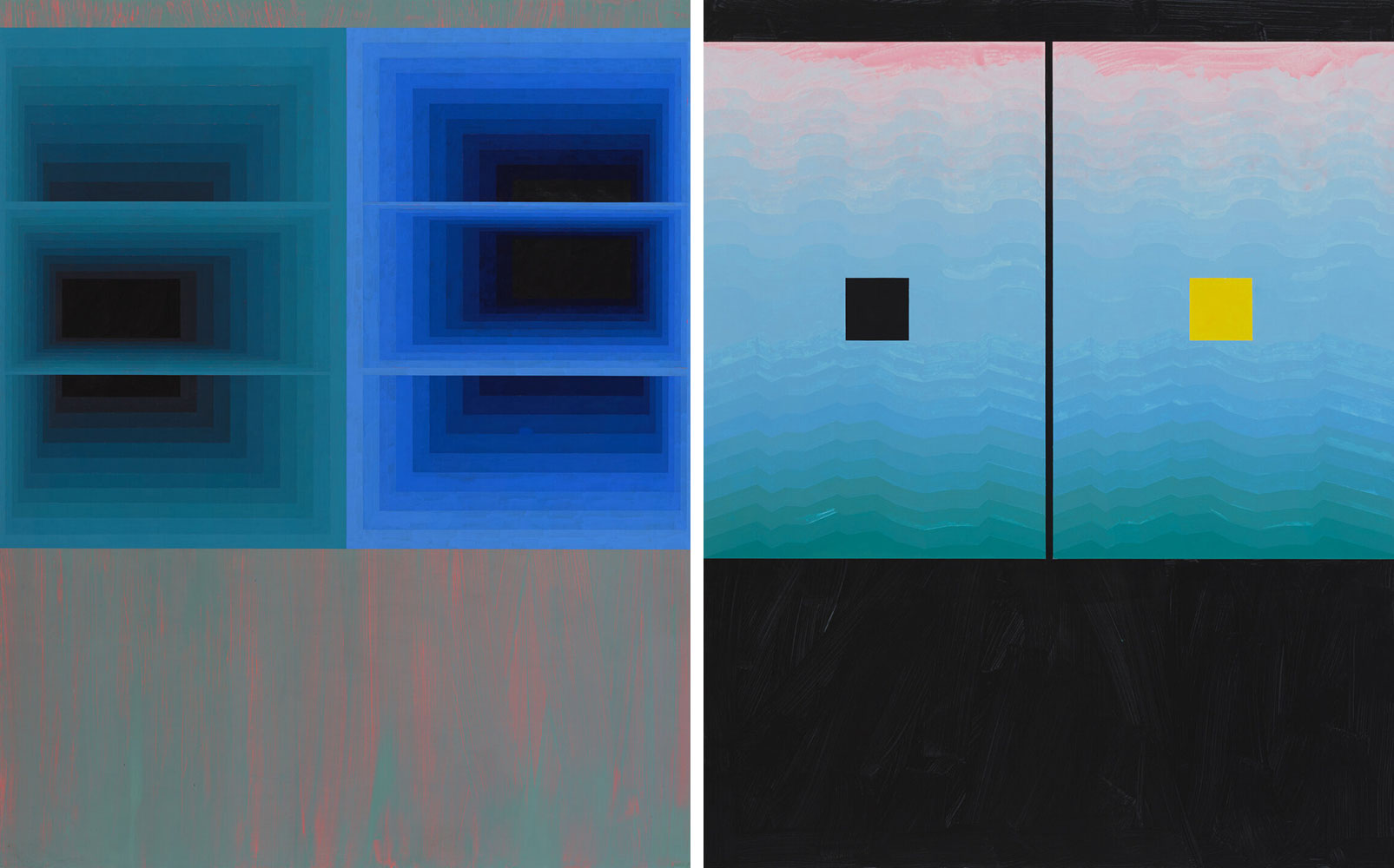 Left: Julian Hoeber, Red/Green Interference, 2022, Vinyl paint, acrylic, and graphite on linen over panel, 59 x 47 5/8 x 2 inches, Photo: Heather Rasmussen, © Julian Hoeber, Courtesy the artist and Blum & Poe GalleryRight: Julian Hoeber, LA Landscape with Binocular Rivalry, 2022, Vinyl paint, acrylic, and graphite on linen over panel, 59 x 47 1/4 x 2 inches, Photo: Heather Rasmussen, © Julian Hoeber, Courtesy the artist and Blum & Poe Gallery
